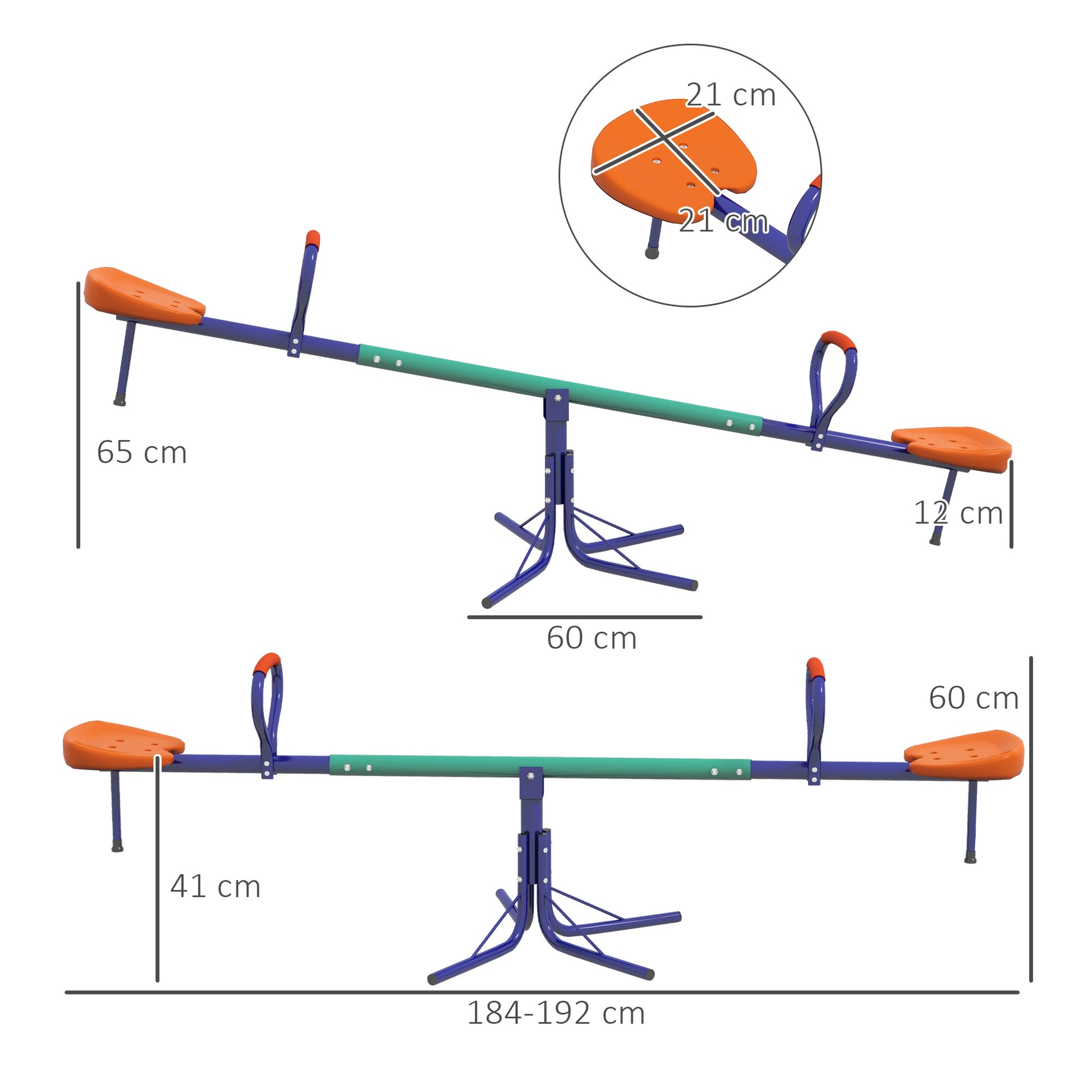 Kids Swing Rocker Load 90 kg Swivel 360° Children's Seesaw with Adjustable Length Bar Shock-Absorbing Post Soft Handle Comfortable Seat and Steel Base for Patio Garden Multicolor