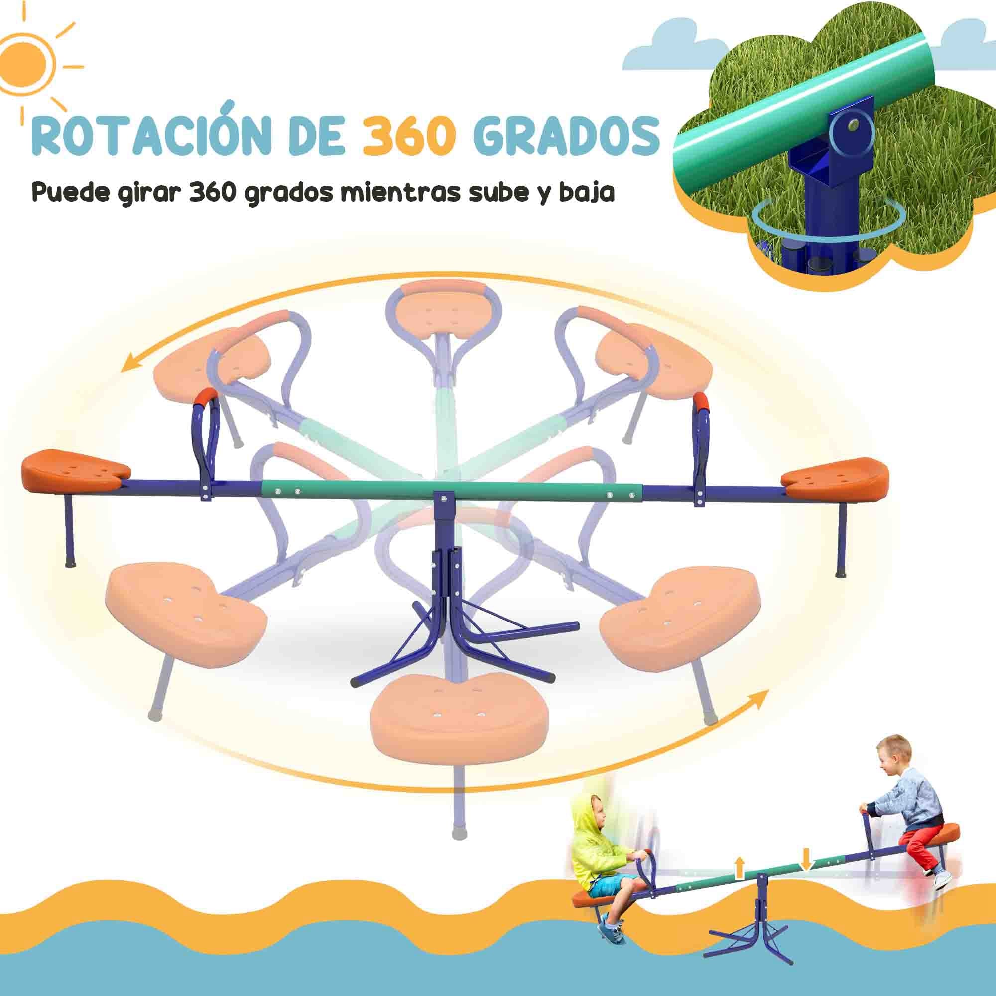 Kids Swing Rocker Load 90 kg Swivel 360° Children's Seesaw with Adjustable Length Bar Shock-Absorbing Post Soft Handle Comfortable Seat and Steel Base for Patio Garden Multicolor