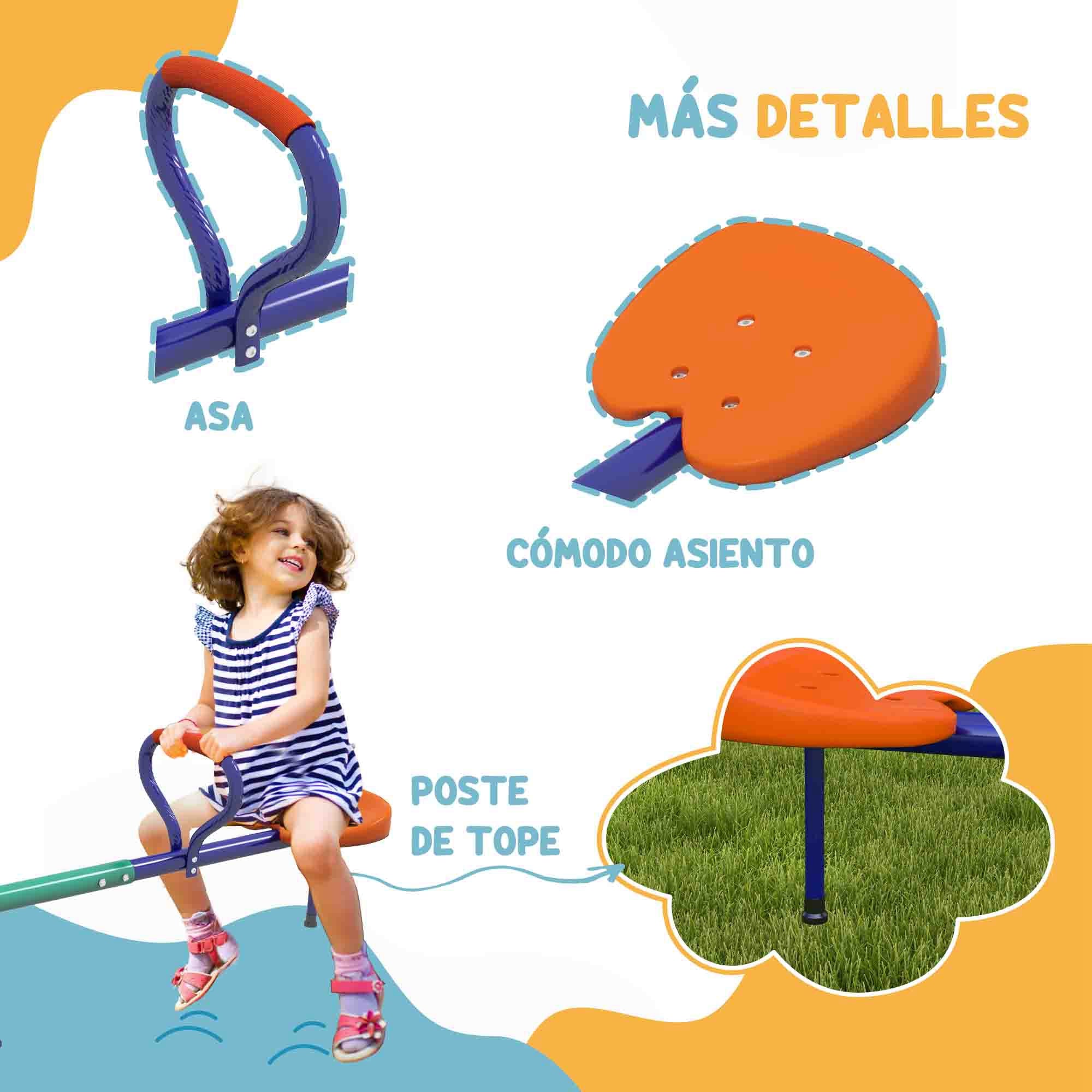 Kids Swing Rocker Load 90 kg Swivel 360° Children's Seesaw with Adjustable Length Bar Shock-Absorbing Post Soft Handle Comfortable Seat and Steel Base for Patio Garden Multicolor