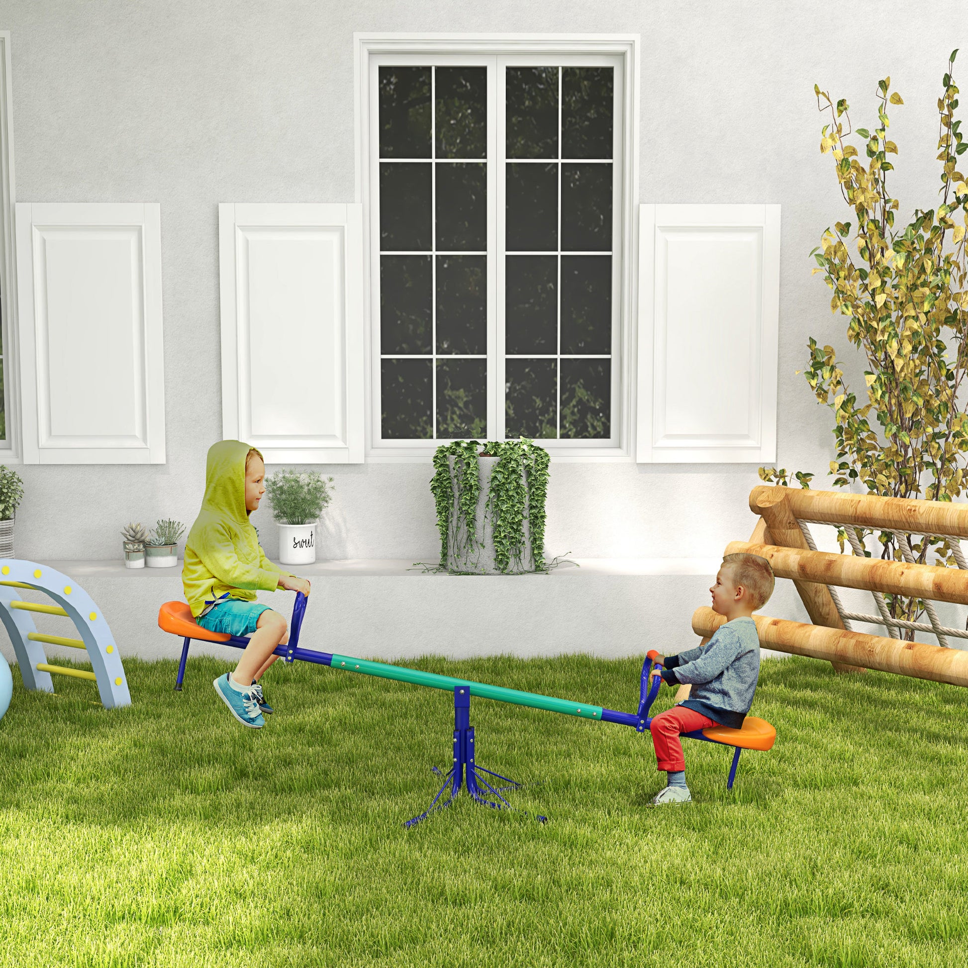 Kids Swing Rocker Load 90 kg Swivel 360° Children's Seesaw with Adjustable Length Bar Shock-Absorbing Post Soft Handle Comfortable Seat and Steel Base for Patio Garden Multicolor