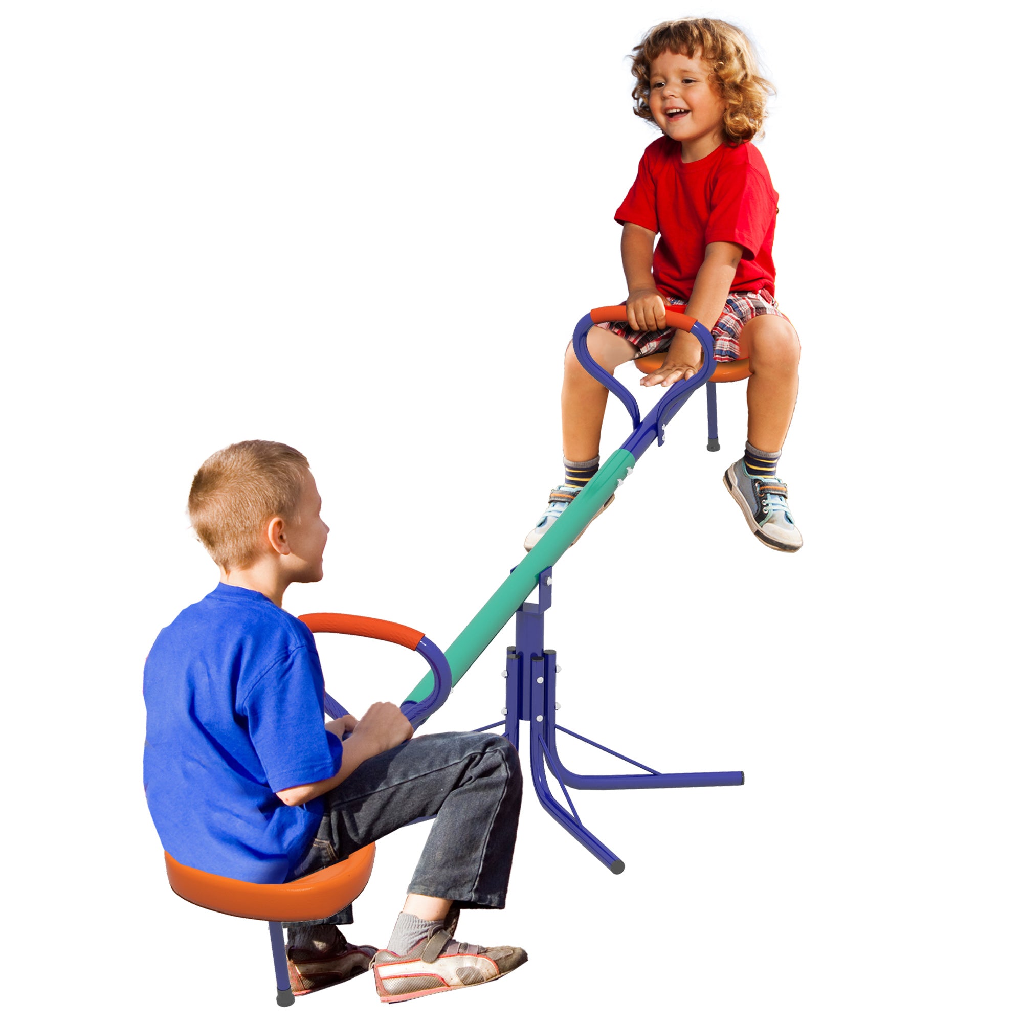 Kids Swing Rocker Load 90 kg Swivel 360° Children's Seesaw with Adjustable Length Bar Shock-Absorbing Post Soft Handle Comfortable Seat and Steel Base for Patio Garden Multicolor