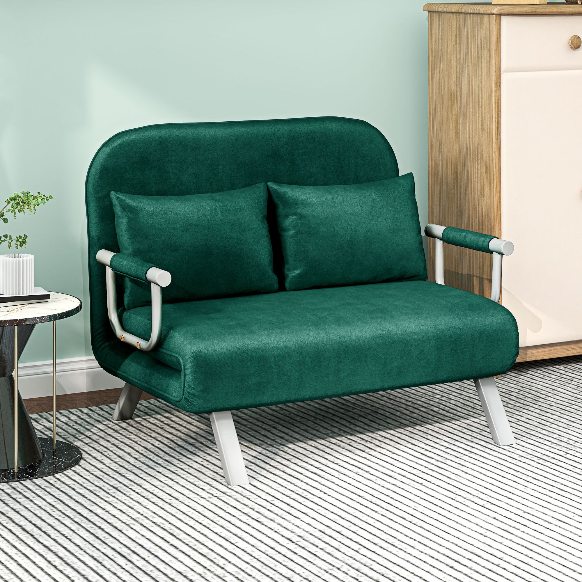 2-Seater Convertible Sofa Bed with Adjustable Backrest and 2 Cushions, Suede Upholstery Removable for Living Room, Guest Room, 111 x 80 x 78 cm, Green