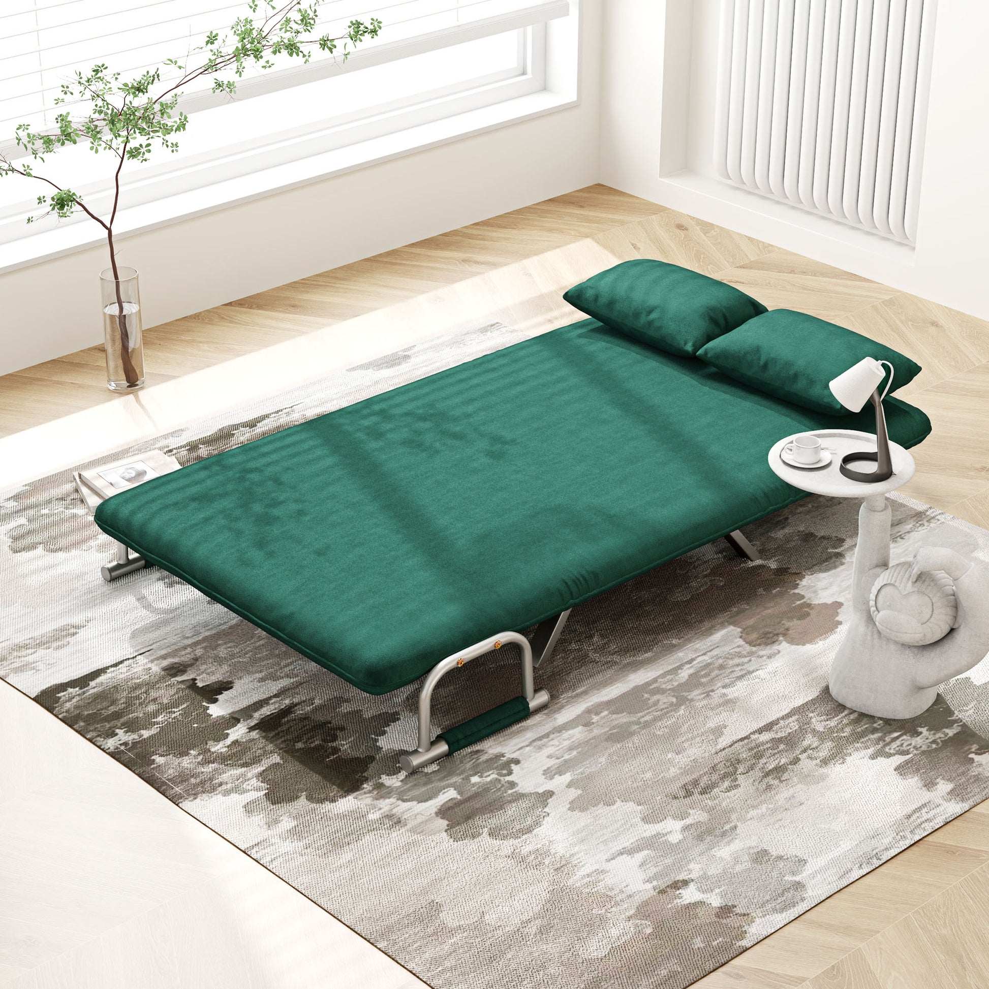 2-Seater Convertible Sofa Bed with Adjustable Backrest and 2 Cushions, Suede Upholstery Removable for Living Room, Guest Room, 111 x 80 x 78 cm, Green