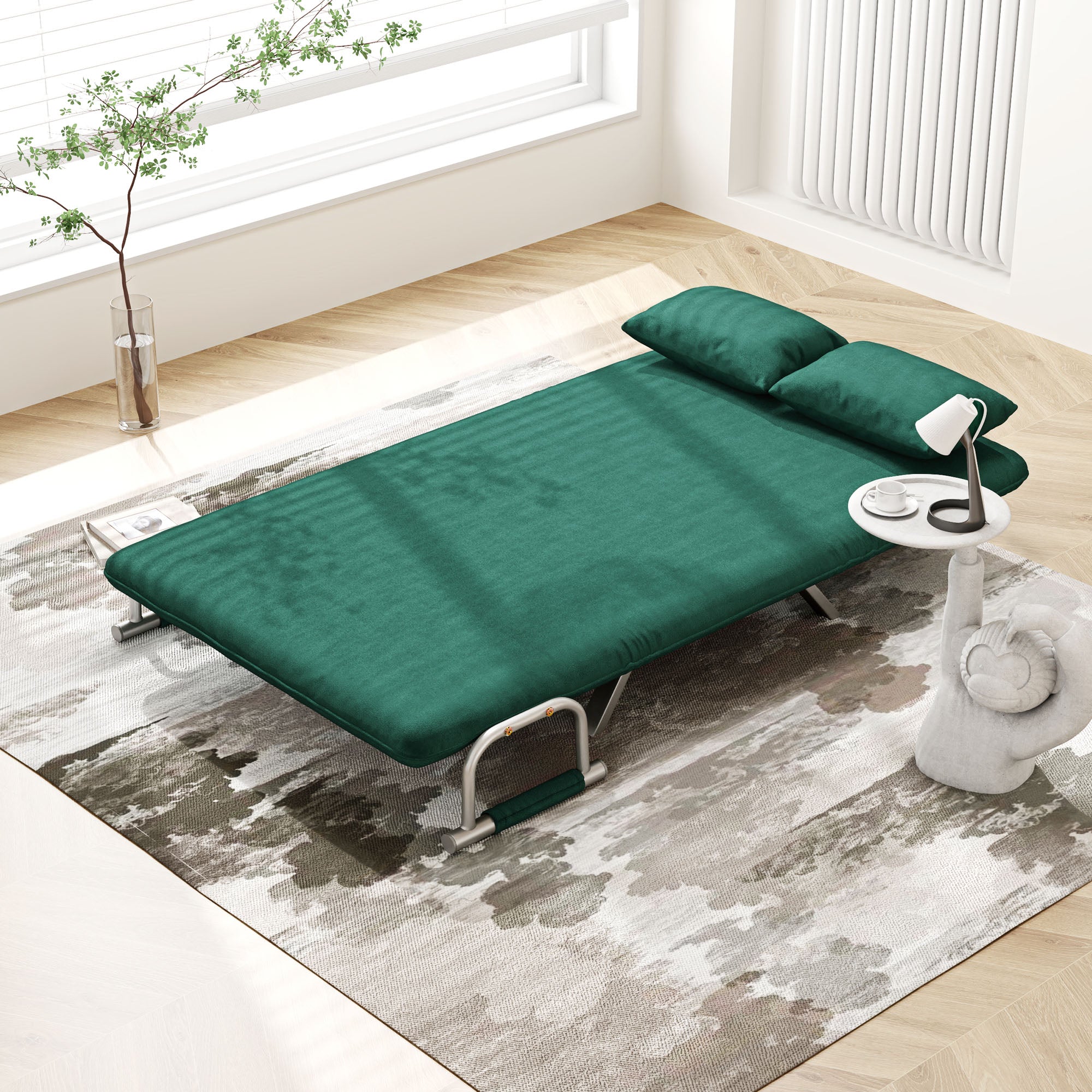 2-Seater Convertible Sofa Bed with Adjustable Backrest and 2 Cushions, Suede Upholstery Removable for Living Room, Guest Room, 111 x 80 x 78 cm, Green