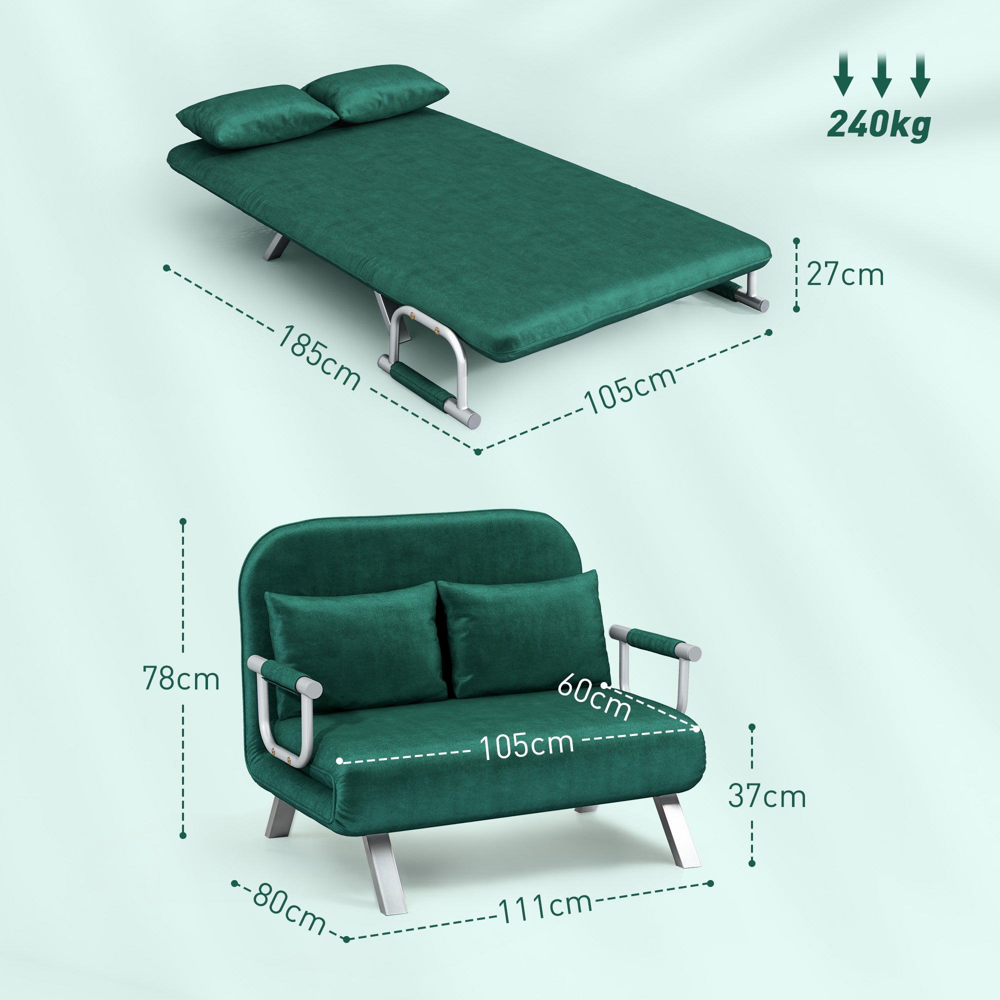 2-Seater Convertible Sofa Bed with Adjustable Backrest and 2 Cushions, Suede Upholstery Removable for Living Room, Guest Room, 111 x 80 x 78 cm, Green