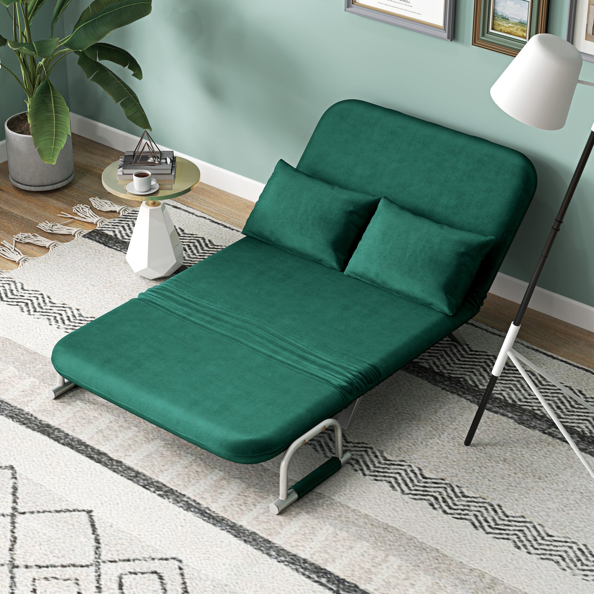 2-Seater Convertible Sofa Bed with Adjustable Backrest and 2 Cushions, Suede Upholstery Removable for Living Room, Guest Room, 111 x 80 x 78 cm, Green