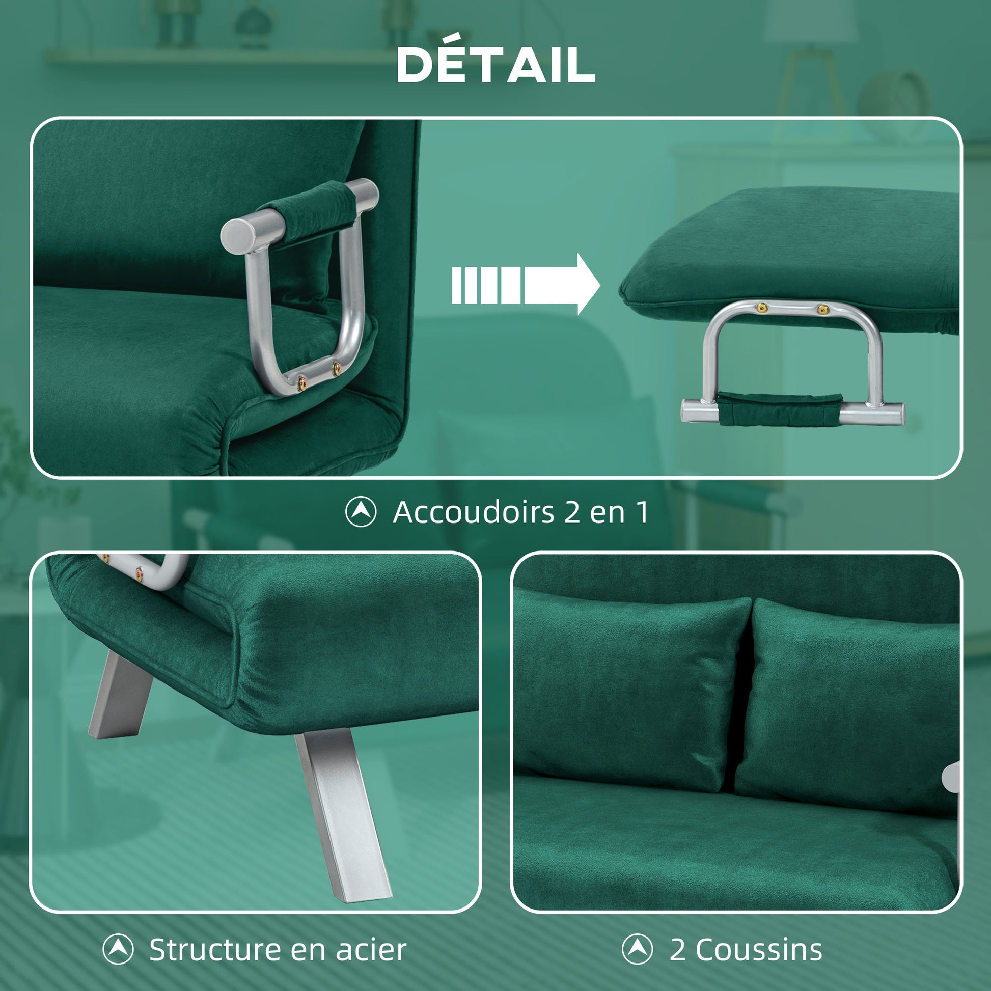 2-Seater Convertible Sofa Bed with Adjustable Backrest and 2 Cushions, Suede Upholstery Removable for Living Room, Guest Room, 111 x 80 x 78 cm, Green