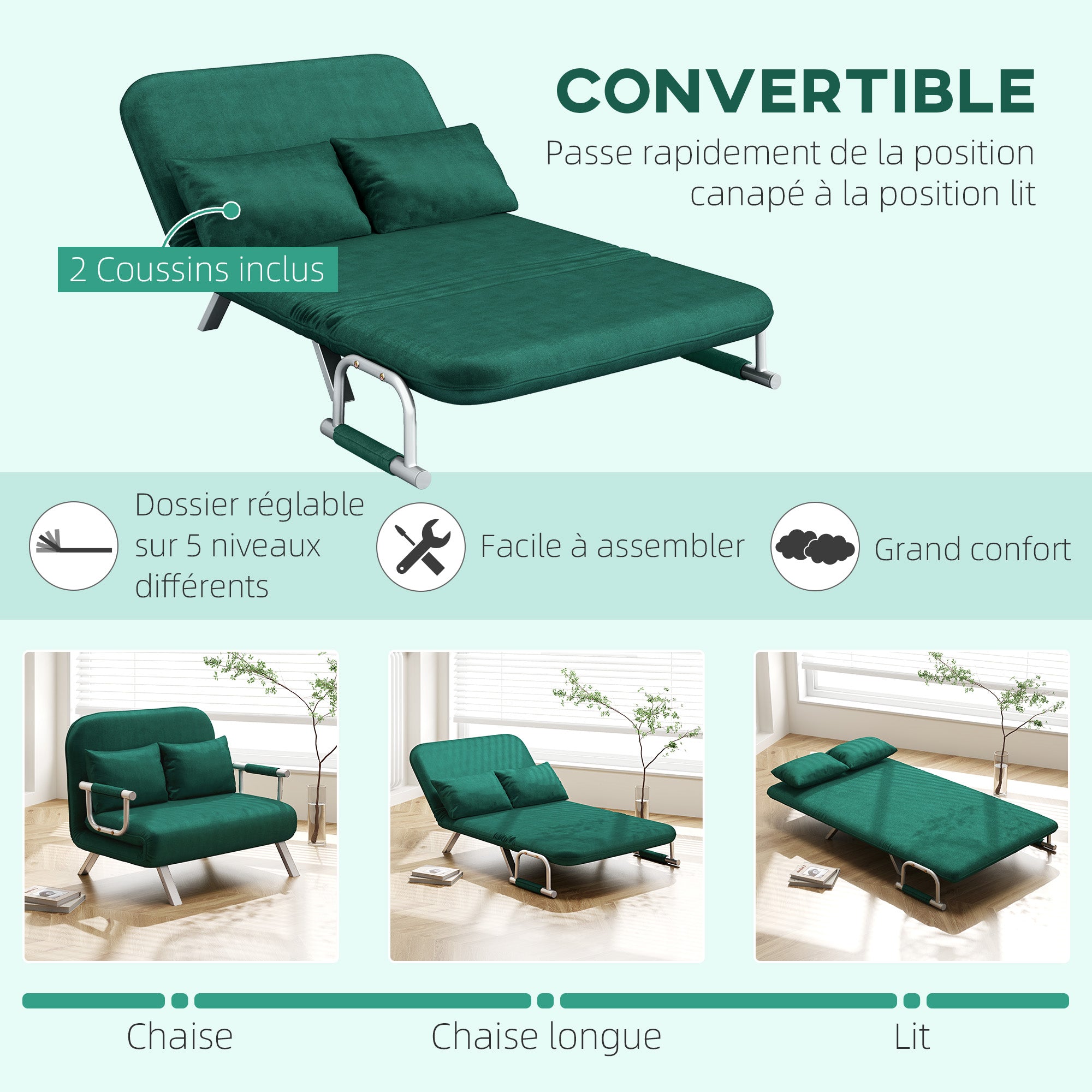 2-Seater Convertible Sofa Bed with Adjustable Backrest and 2 Cushions, Suede Upholstery Removable for Living Room, Guest Room, 111 x 80 x 78 cm, Green