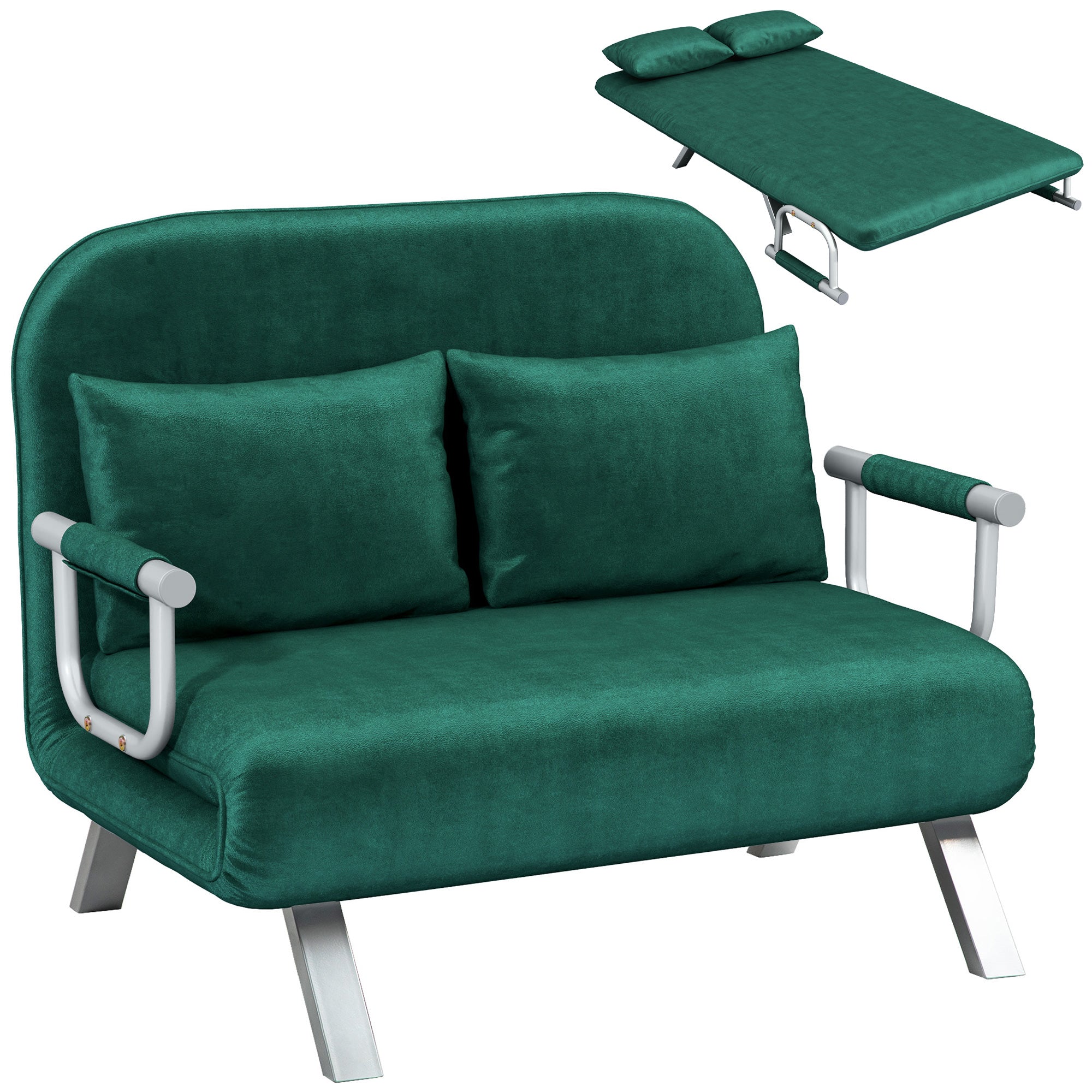 2-Seater Convertible Sofa Bed with Adjustable Backrest and 2 Cushions, Suede Upholstery Removable for Living Room, Guest Room, 111 x 80 x 78 cm, Green