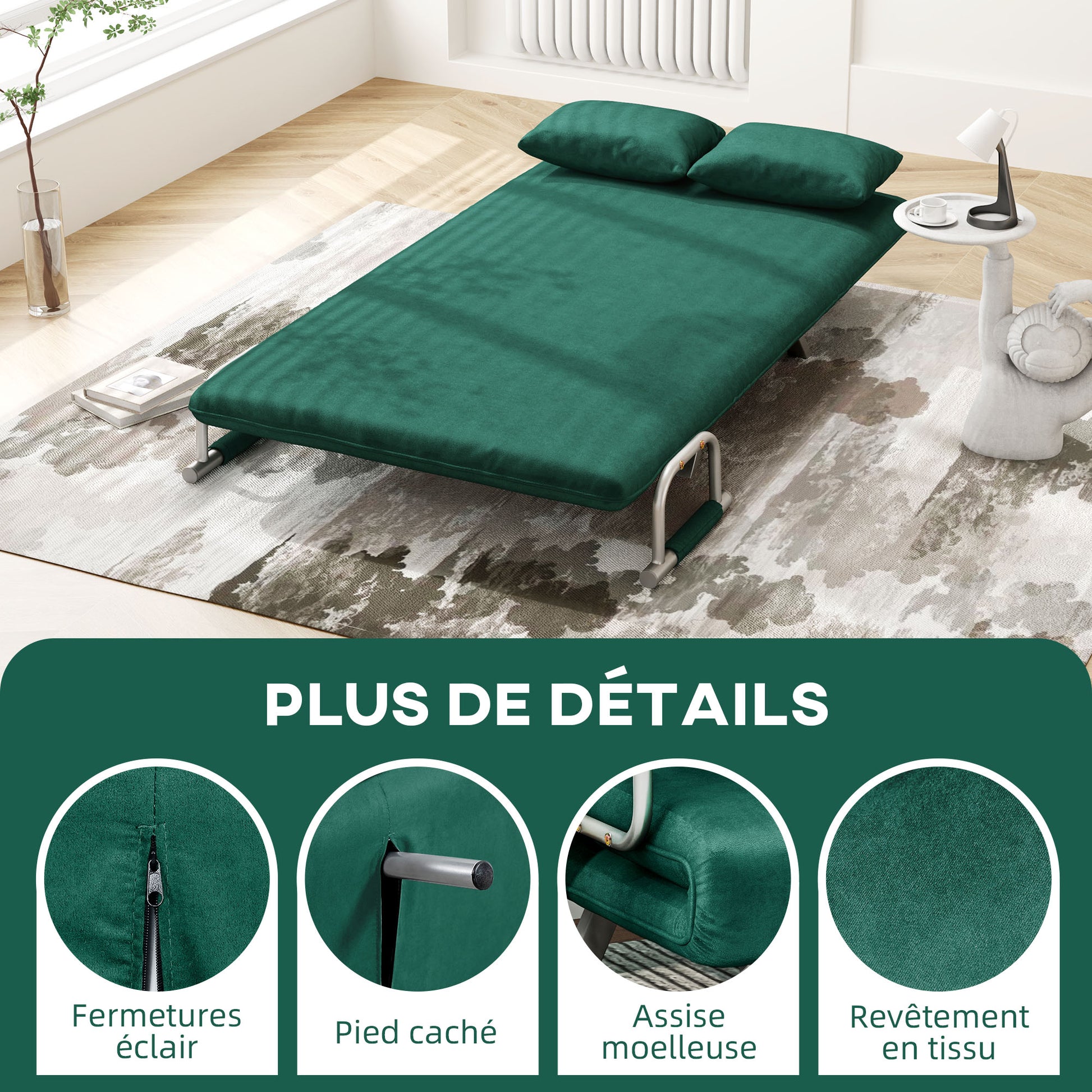2-Seater Convertible Sofa Bed with Adjustable Backrest and 2 Cushions, Suede Upholstery Removable for Living Room, Guest Room, 111 x 80 x 78 cm, Green