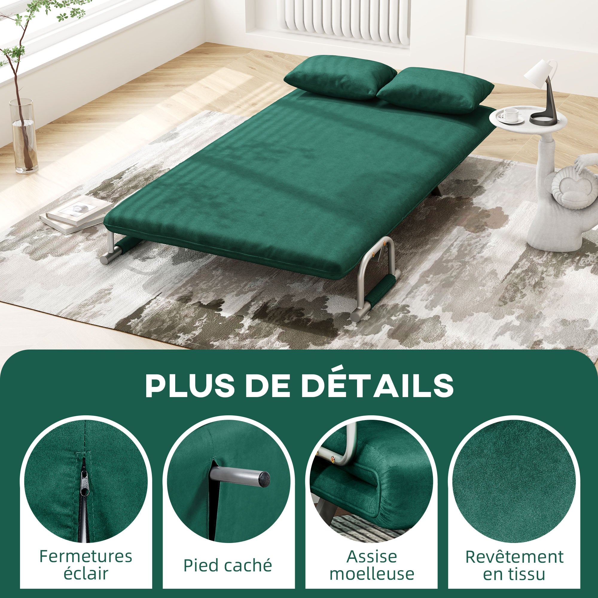 2-Seater Convertible Sofa Bed with Adjustable Backrest and 2 Cushions, Suede Upholstery Removable for Living Room, Guest Room, 111 x 80 x 78 cm, Green