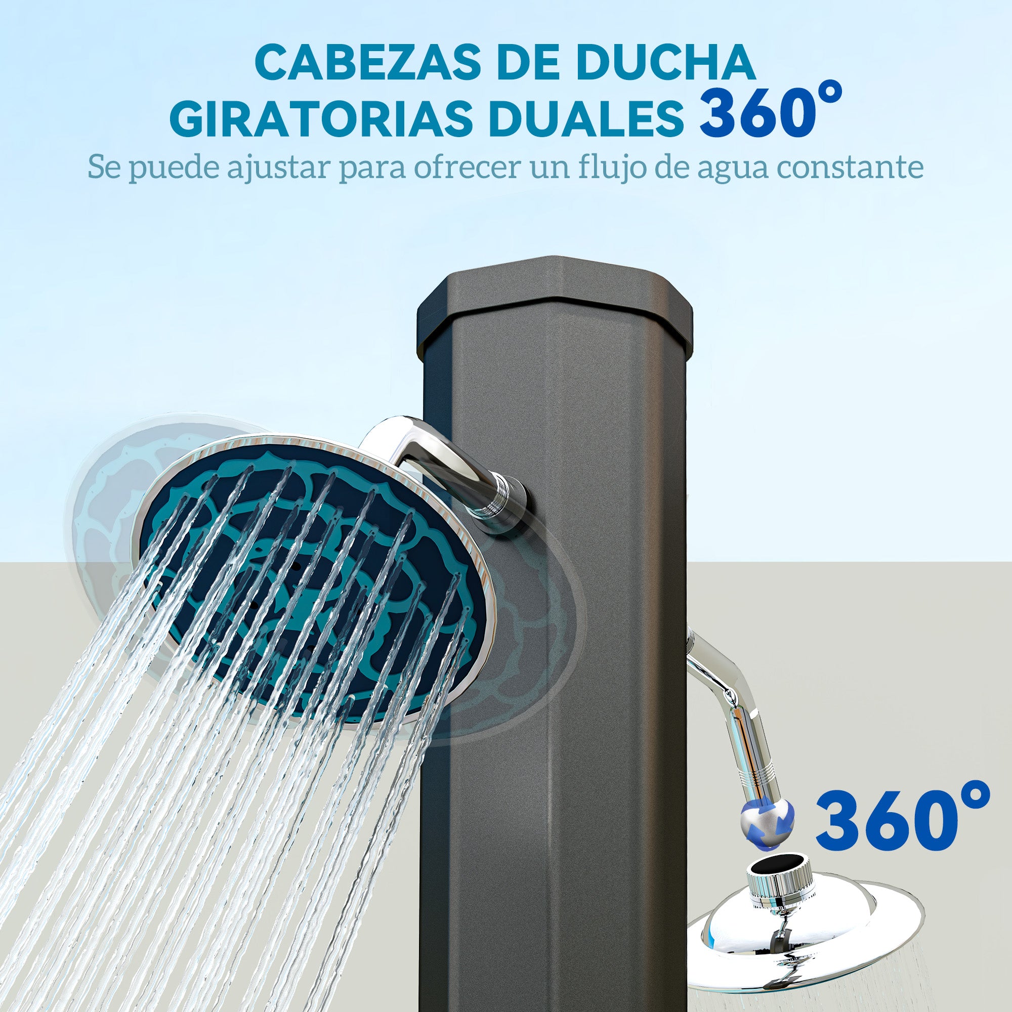 Solar Garden Shower 35 L Solar Outdoor Shower with 2 Rotating Heads Foot Taps and Maximum 55°C Hot Water for Pool Camping Patio 73x18x217 cm Black