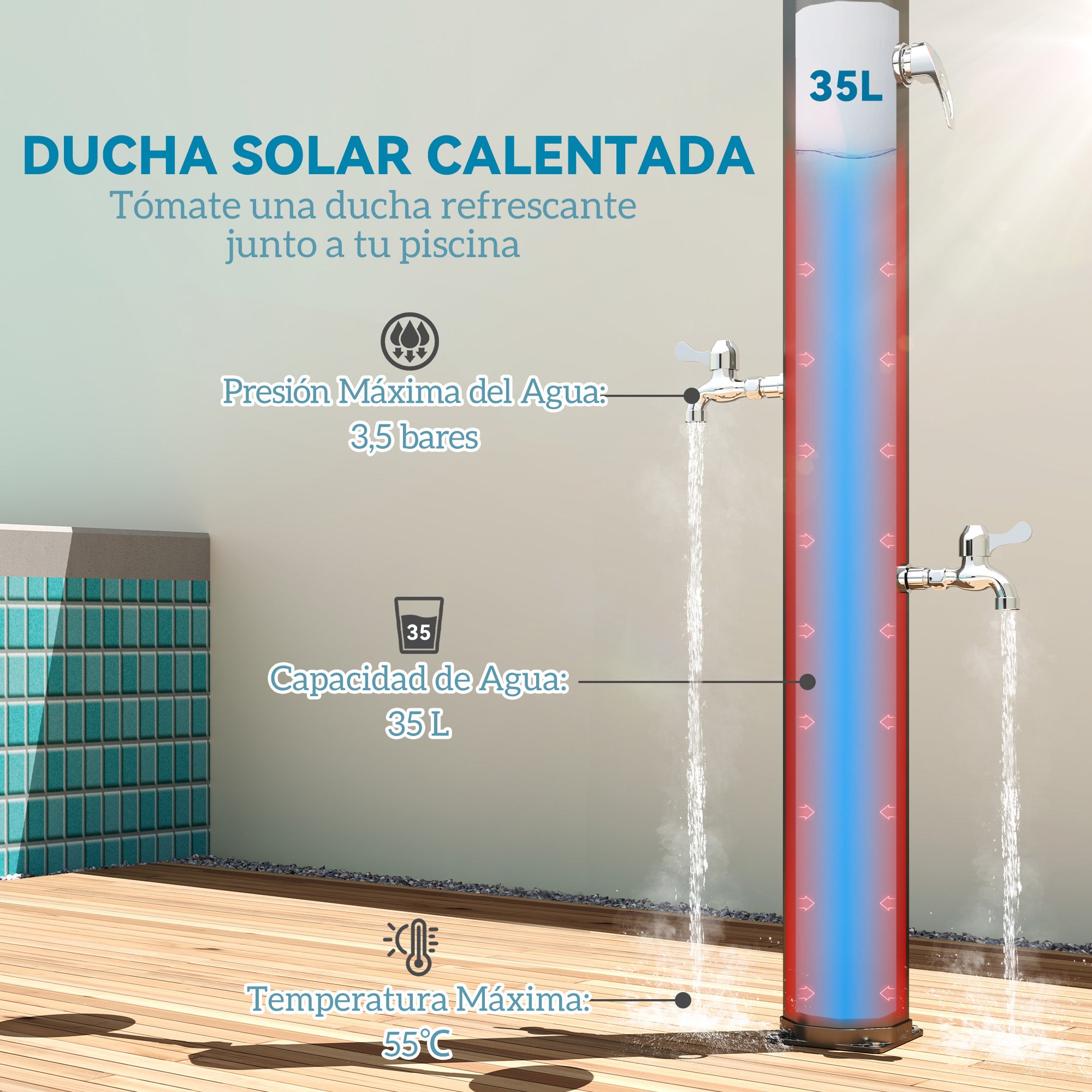 Solar Garden Shower 35 L Solar Outdoor Shower with 2 Rotating Heads Foot Taps and Maximum 55°C Hot Water for Pool Camping Patio 73x18x217 cm Black