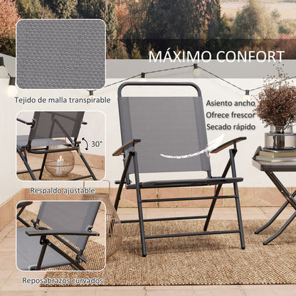 3-Piece Patio Outdoor Table and Chairs Set Foldable Garden Furniture with Adjustable Backrest Glass Top and Steel Frame Gray