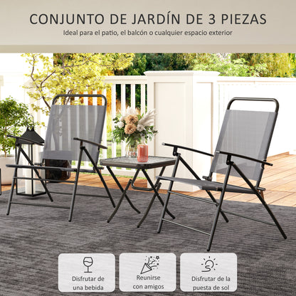 3-Piece Patio Outdoor Table and Chairs Set Foldable Garden Furniture with Adjustable Backrest Glass Top and Steel Frame Gray