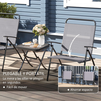 3-Piece Patio Outdoor Table and Chairs Set Foldable Garden Furniture with Adjustable Backrest Glass Top and Steel Frame Gray