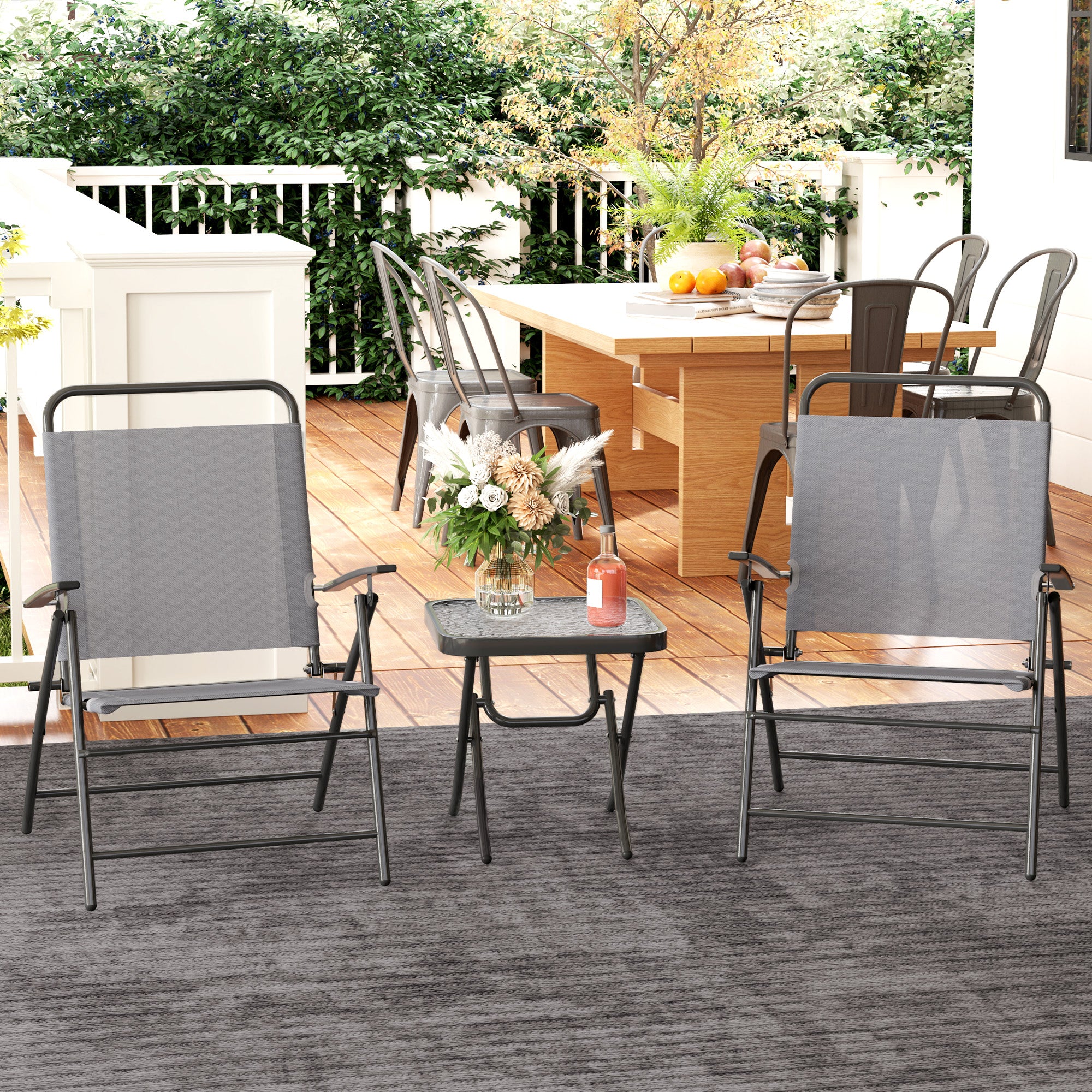 3-Piece Patio Outdoor Table and Chairs Set Foldable Garden Furniture with Adjustable Backrest Glass Top and Steel Frame Gray