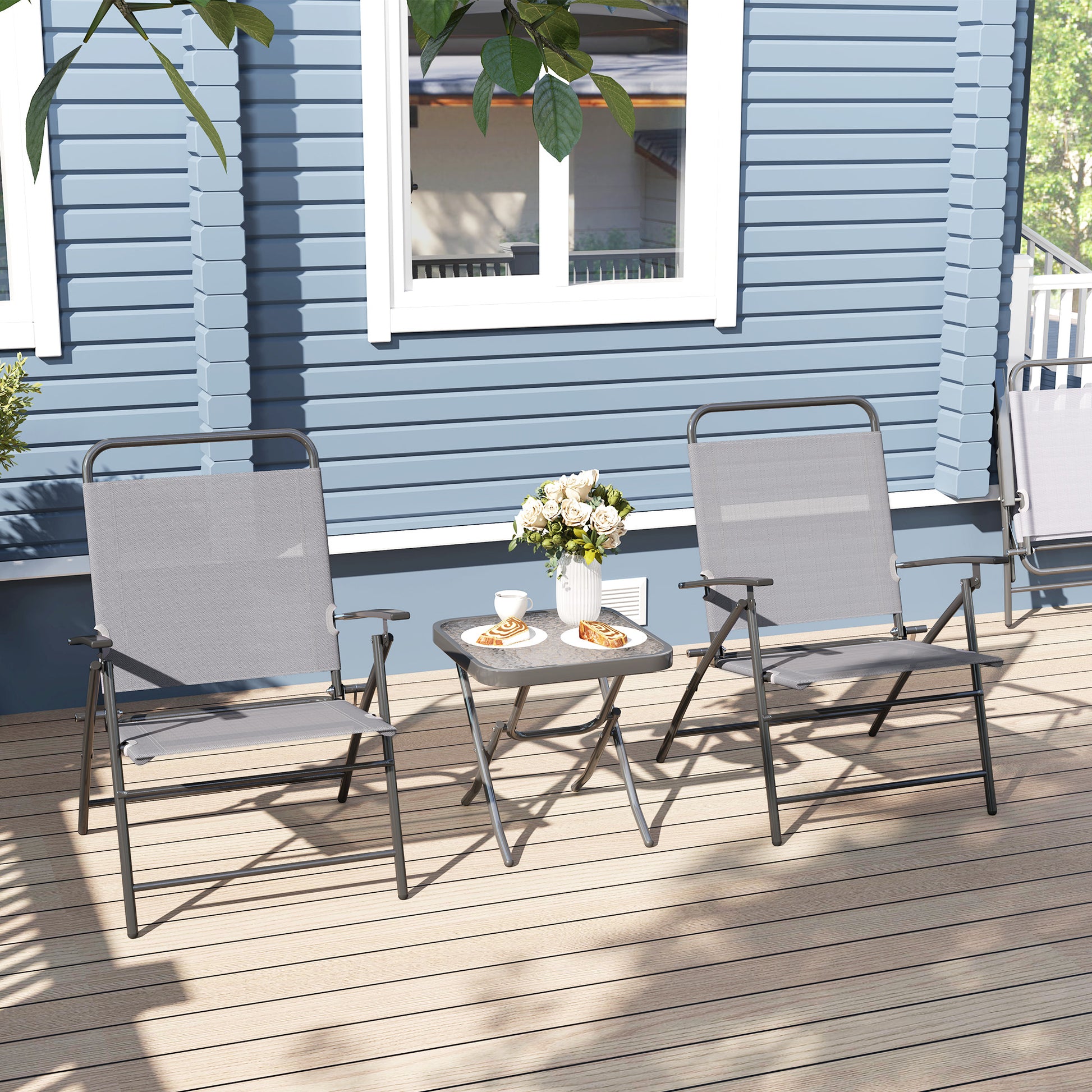 3-Piece Patio Outdoor Table and Chairs Set Foldable Garden Furniture with Adjustable Backrest Glass Top and Steel Frame Gray