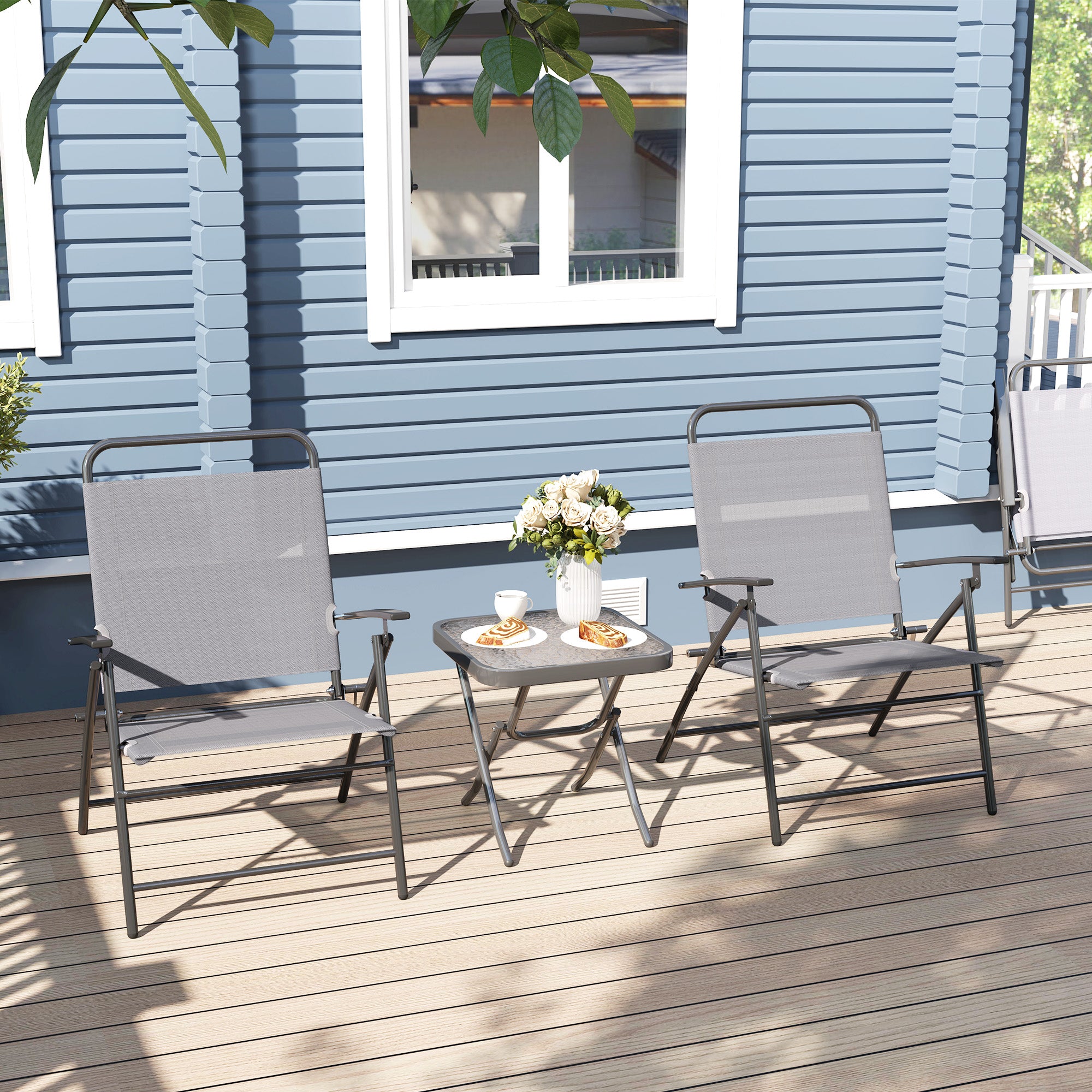 3-Piece Patio Outdoor Table and Chairs Set Foldable Garden Furniture with Adjustable Backrest Glass Top and Steel Frame Gray