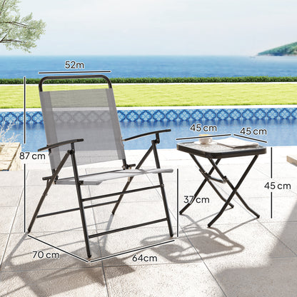 3-Piece Patio Outdoor Table and Chairs Set Foldable Garden Furniture with Adjustable Backrest Glass Top and Steel Frame Gray