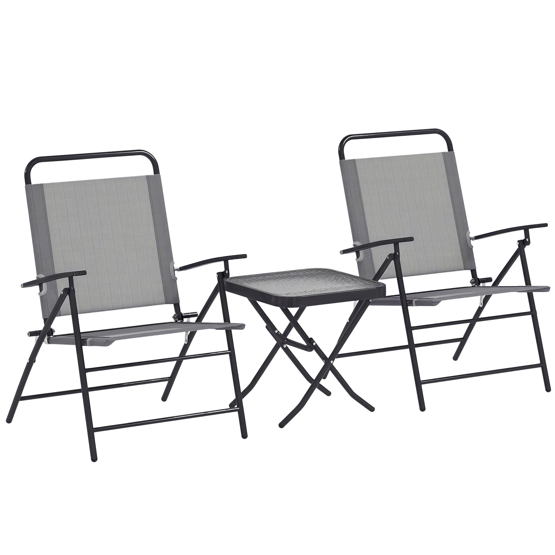 3-Piece Patio Outdoor Table and Chairs Set Foldable Garden Furniture with Adjustable Backrest Glass Top and Steel Frame Gray