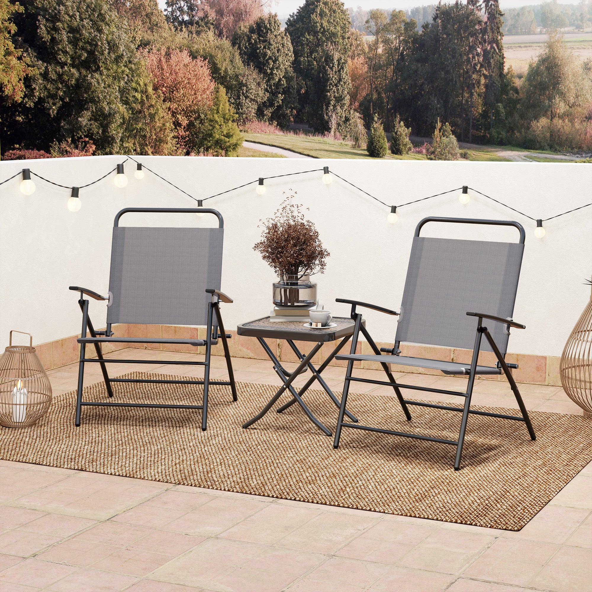 3-Piece Patio Outdoor Table and Chairs Set Foldable Garden Furniture with Adjustable Backrest Glass Top and Steel Frame Gray