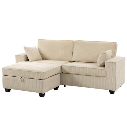 L-Shaped 3-Seater Corner Sofa with Storage Ottoman, Corduroy Upholstery, Wide Seating & 2 Cushions — Beige