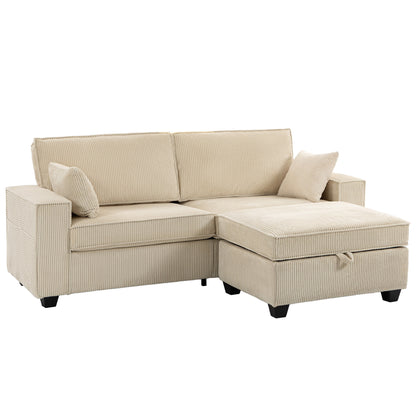 L-Shaped 3-Seater Corner Sofa with Storage Ottoman, Corduroy Upholstery, Wide Seating & 2 Cushions — Beige