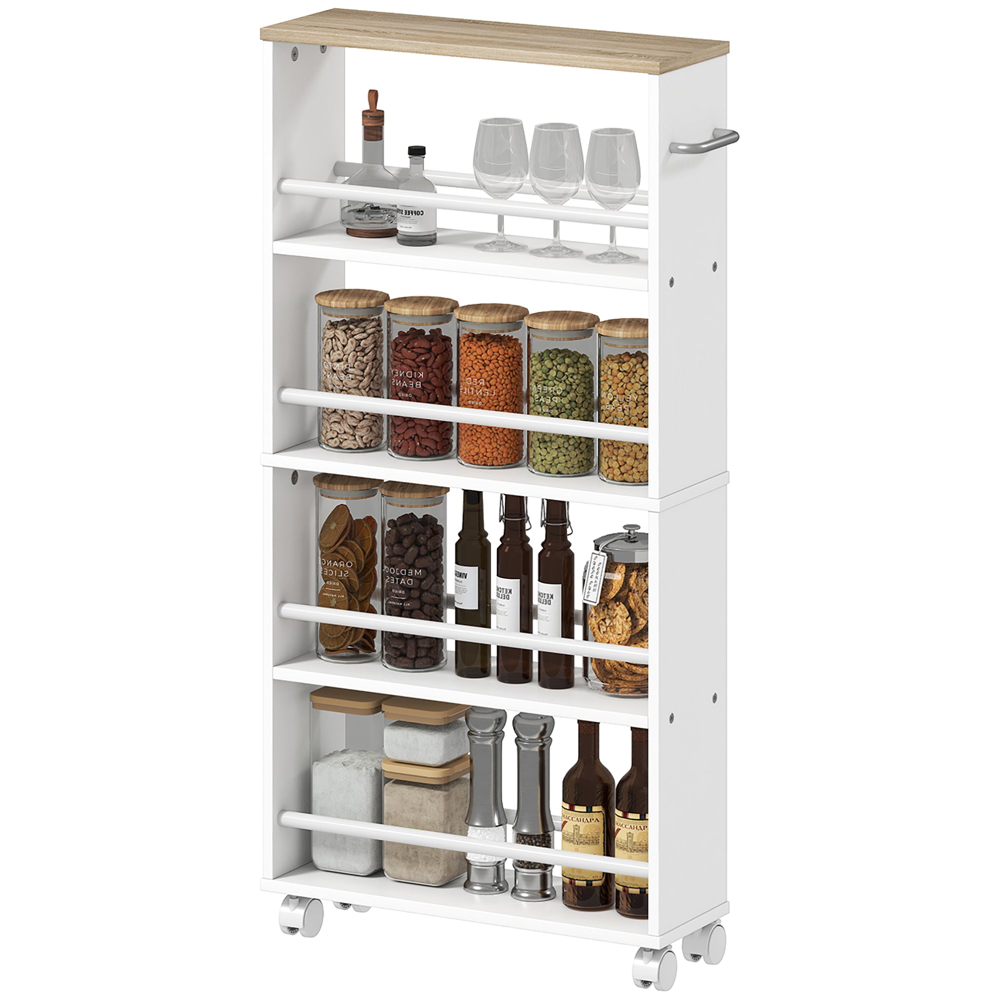 4-Tier Narrow Rolling Kitchen Cart with Handle & Brakes, Versatile Utility Trolley for Kitchen, Office, Bathroom — Natural
