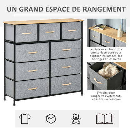 9-Drawer Chest Storage Cabinet Folding Cloth Drawer - Black Steel Frame - 100 x 30 x 100 cm, Bedroom, Entryway, Living Room, Oak and Grey