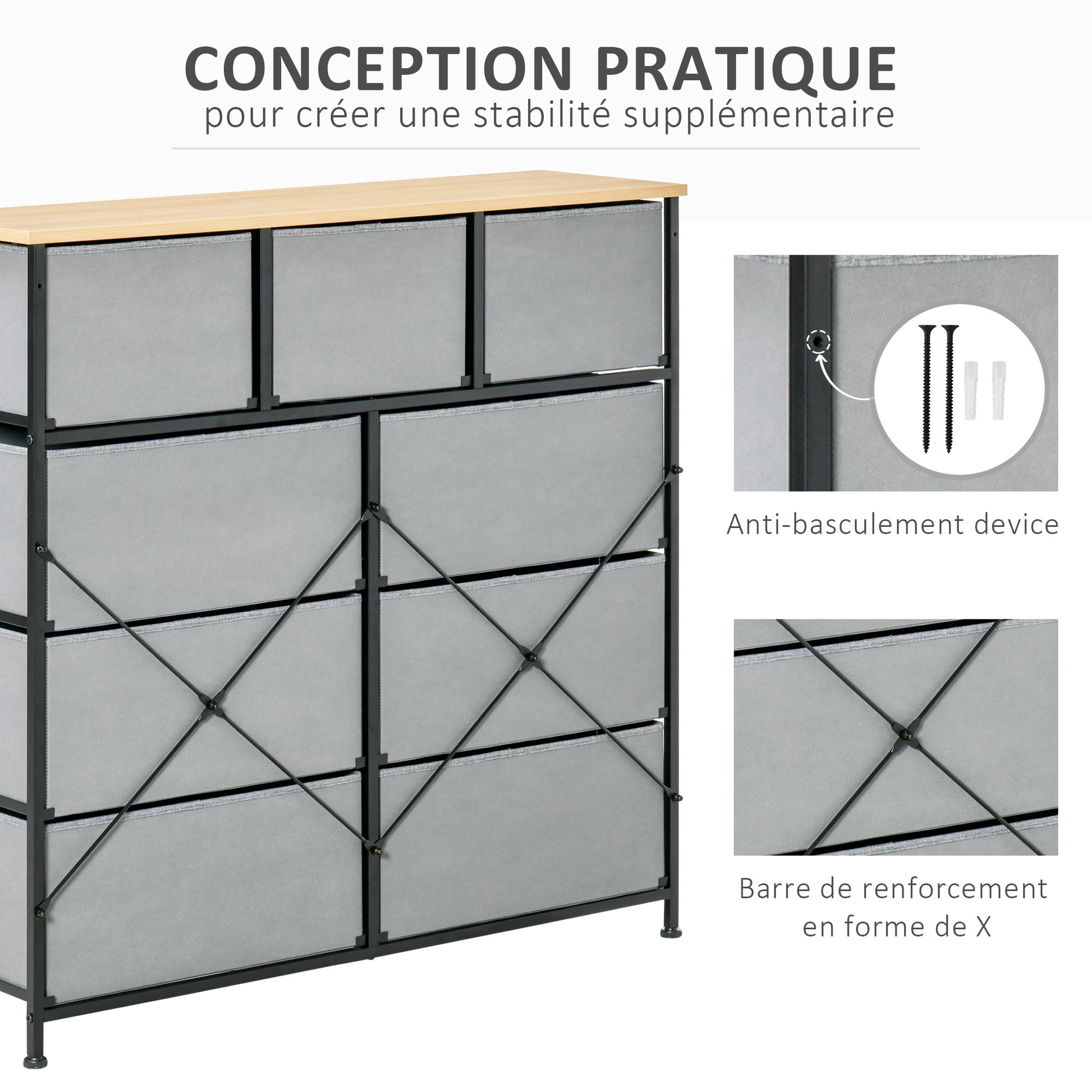 9-Drawer Chest Storage Cabinet Folding Cloth Drawer - Black Steel Frame - 100 x 30 x 100 cm, Bedroom, Entryway, Living Room, Oak and Grey