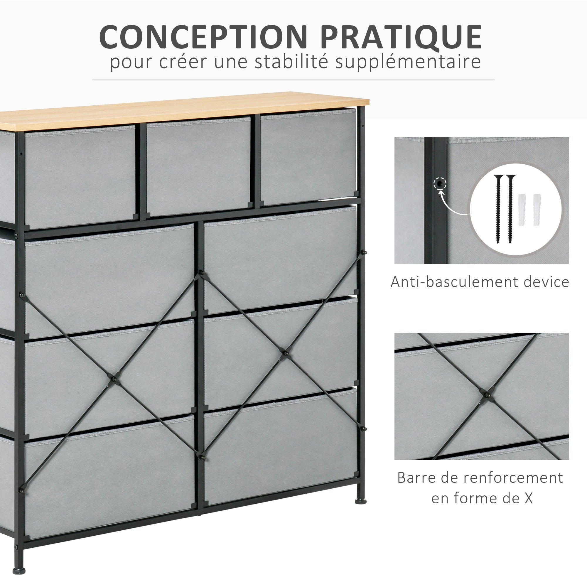 9-Drawer Chest Storage Cabinet Folding Cloth Drawer - Black Steel Frame - 100 x 30 x 100 cm, Bedroom, Entryway, Living Room, Oak and Grey