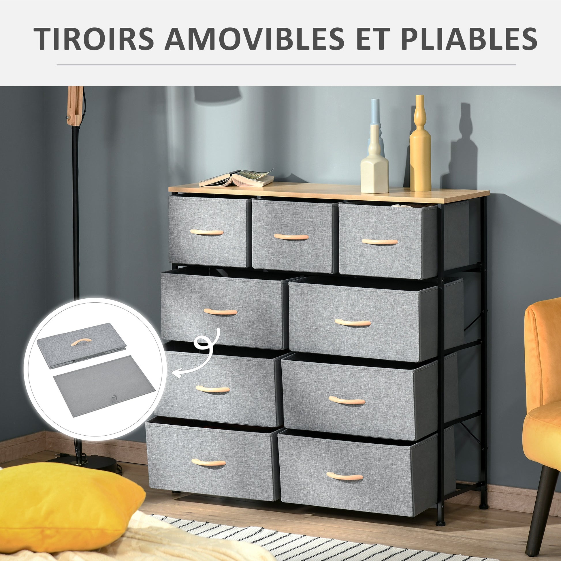 9-Drawer Chest Storage Cabinet Folding Cloth Drawer - Black Steel Frame - 100 x 30 x 100 cm, Bedroom, Entryway, Living Room, Oak and Grey