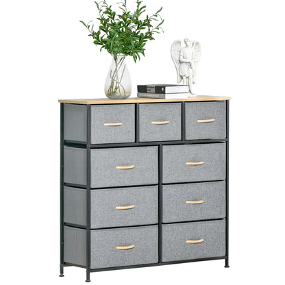 9-Drawer Chest Storage Cabinet Folding Cloth Drawer - Black Steel Frame - 100 x 30 x 100 cm, Bedroom, Entryway, Living Room, Oak and Grey