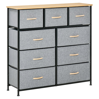 9-Drawer Chest Storage Cabinet Folding Cloth Drawer - Black Steel Frame - 100 x 30 x 100 cm, Bedroom, Entryway, Living Room, Oak and Grey