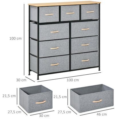 9-Drawer Chest Storage Cabinet Folding Cloth Drawer - Black Steel Frame - 100 x 30 x 100 cm, Bedroom, Entryway, Living Room, Oak and Grey