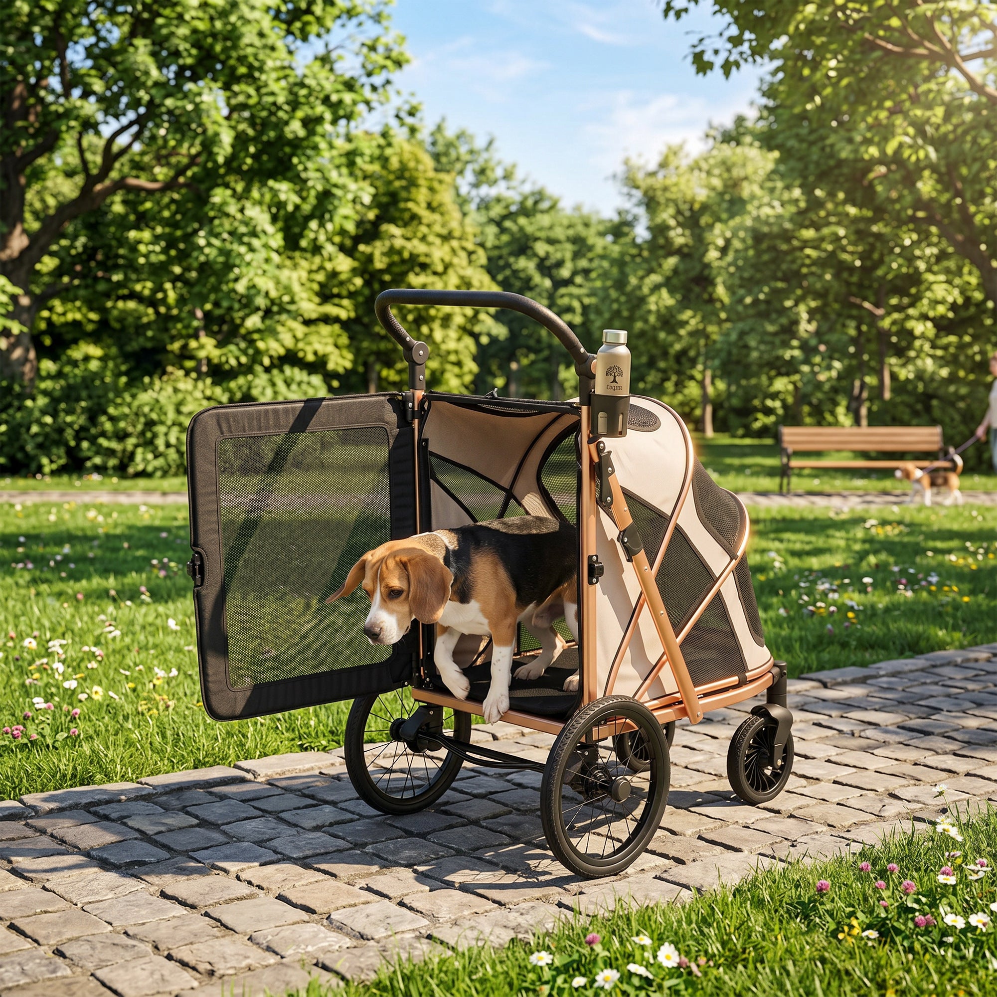 Folding Dog Stroller – Up to 44 lb, Large Wheels, Suspension & Brake, Mesh Windows, Aluminum Frame, Removable Cushion, Straps, Adjustable Handle, Light Brown