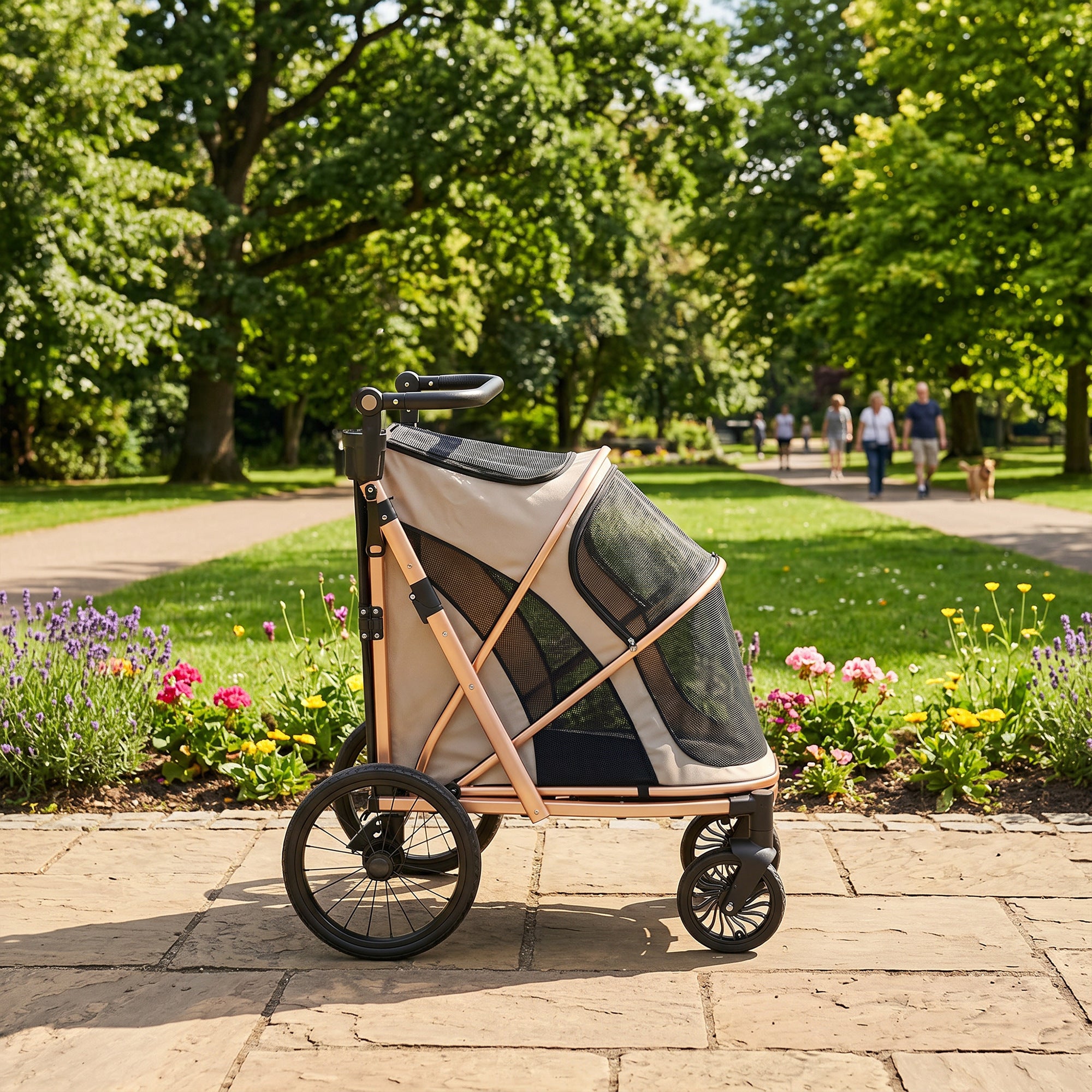Folding Dog Stroller – Up to 44 lb, Large Wheels, Suspension & Brake, Mesh Windows, Aluminum Frame, Removable Cushion, Straps, Adjustable Handle, Light Brown