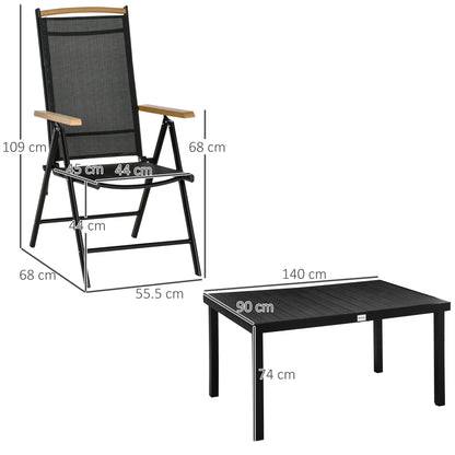 5-Piece Aluminum Dining Set, Table and 4 Folding Adjustable Garden Chairs for 4 People, Black