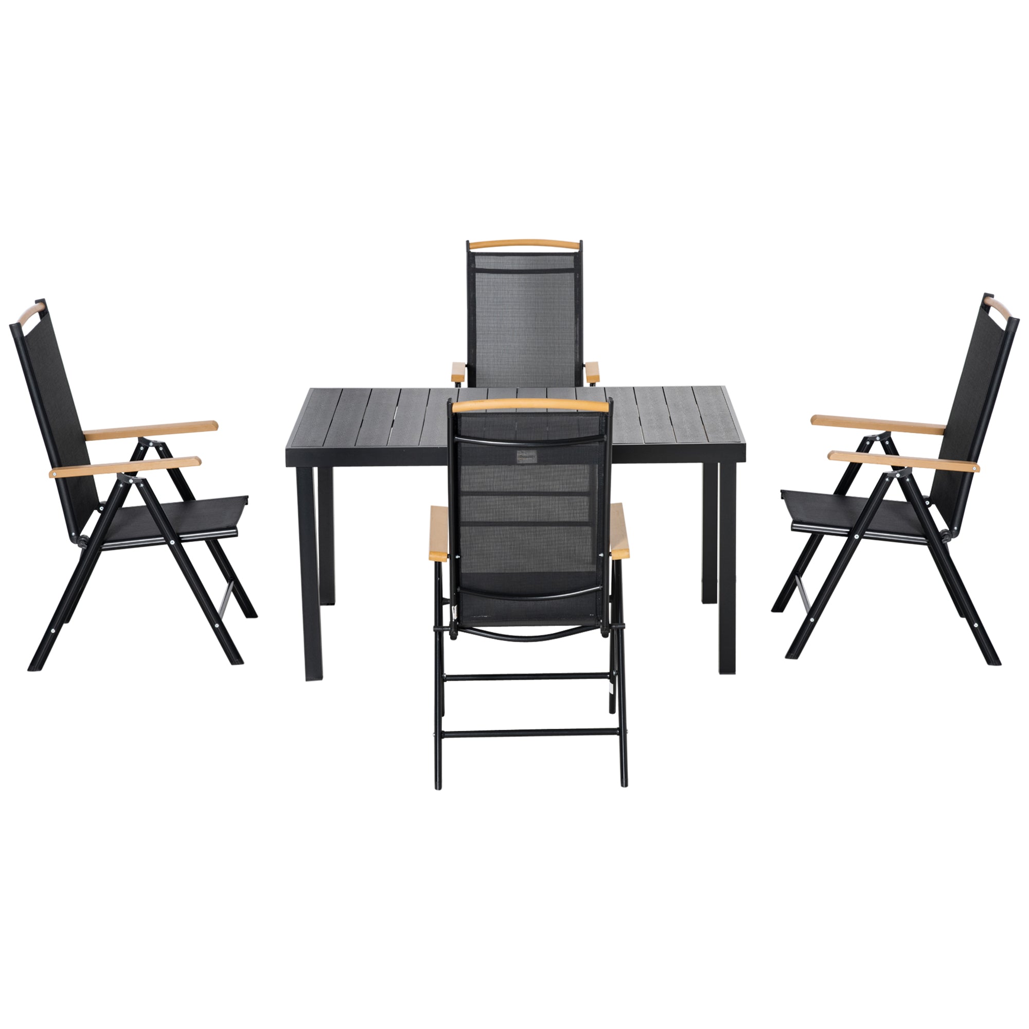 5-Piece Aluminum Dining Set, Table and 4 Folding Adjustable Garden Chairs for 4 People, Black
