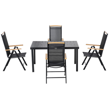 5-Piece Aluminum Dining Set, Table and 4 Folding Adjustable Garden Chairs for 4 People, Black