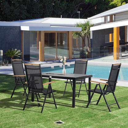5-Piece Aluminum Dining Set, Table and 4 Folding Adjustable Garden Chairs for 4 People, Black