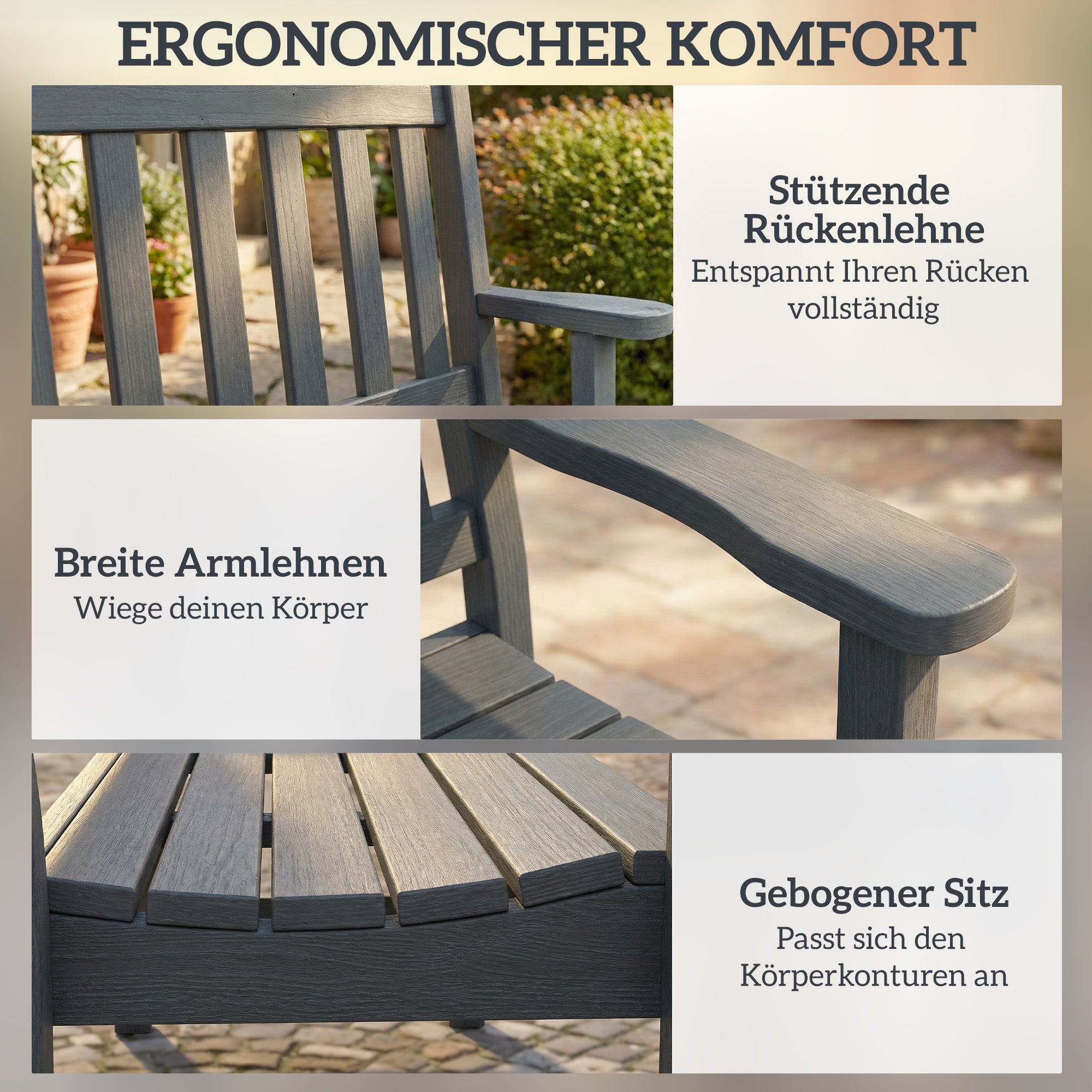 2-Seater Weatherproof Garden Bench, HDPE Plastic, Wood-Look Slatted Design, Ergonomic Backrest, 529 lb Capacity, 51.2 x 23.2 x 35.8 in, Gray