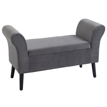 Bedroom Storage Bench with Arms, Entryway Bench in Velvet Effect Fabric and Rubberwood, End of Bed Bench, 111.5x41x65 cm, Gray