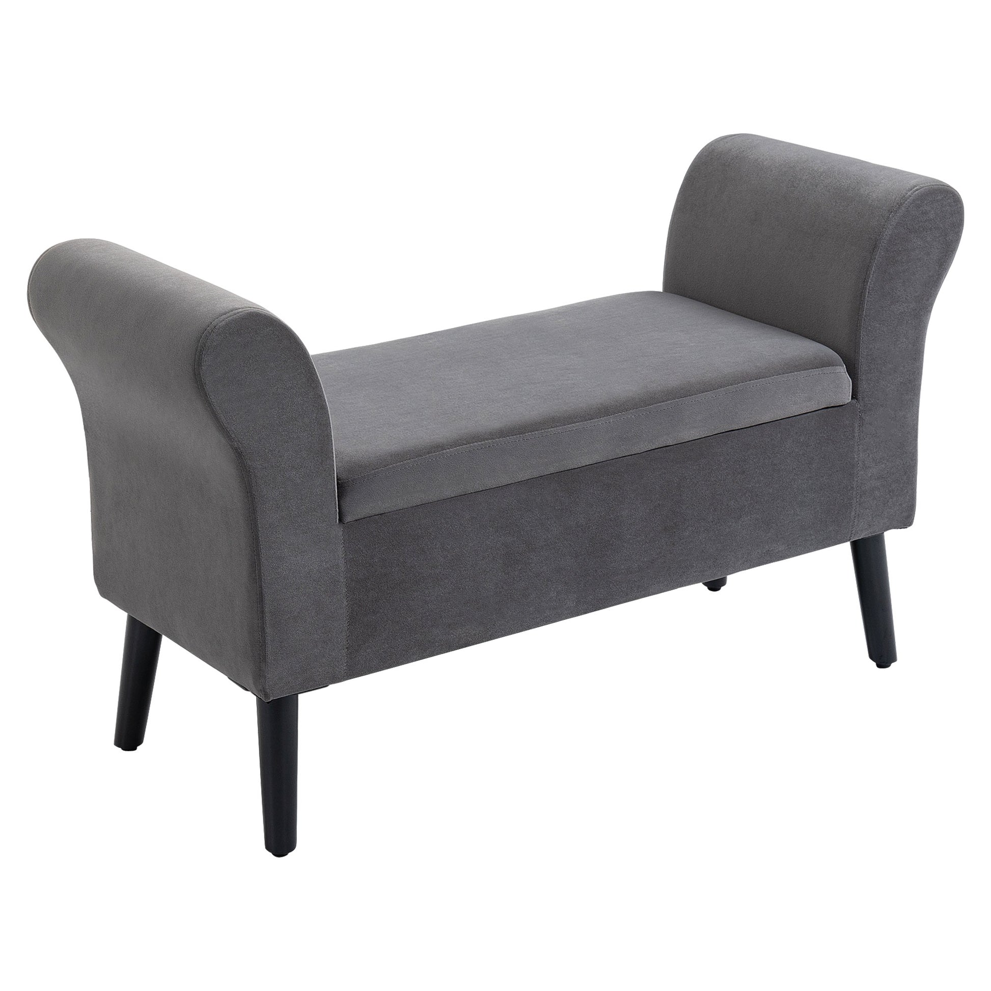 Bedroom Storage Bench with Arms, Entryway Bench in Velvet Effect Fabric and Rubberwood, End of Bed Bench, 111.5x41x65 cm, Gray