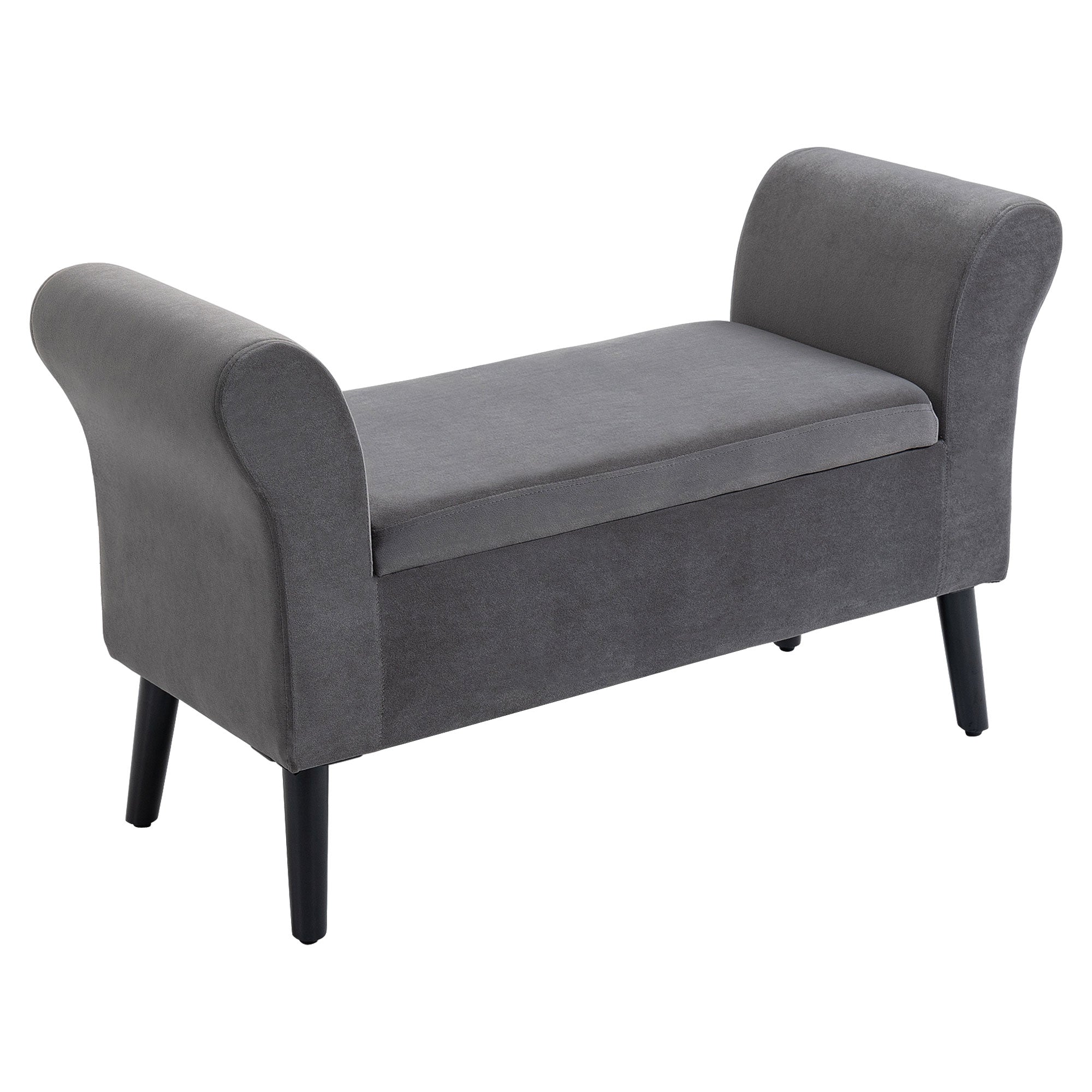 Bedroom Storage Bench with Arms, Entryway Bench in Velvet Effect Fabric and Rubberwood, End of Bed Bench, 111.5x41x65 cm, Gray