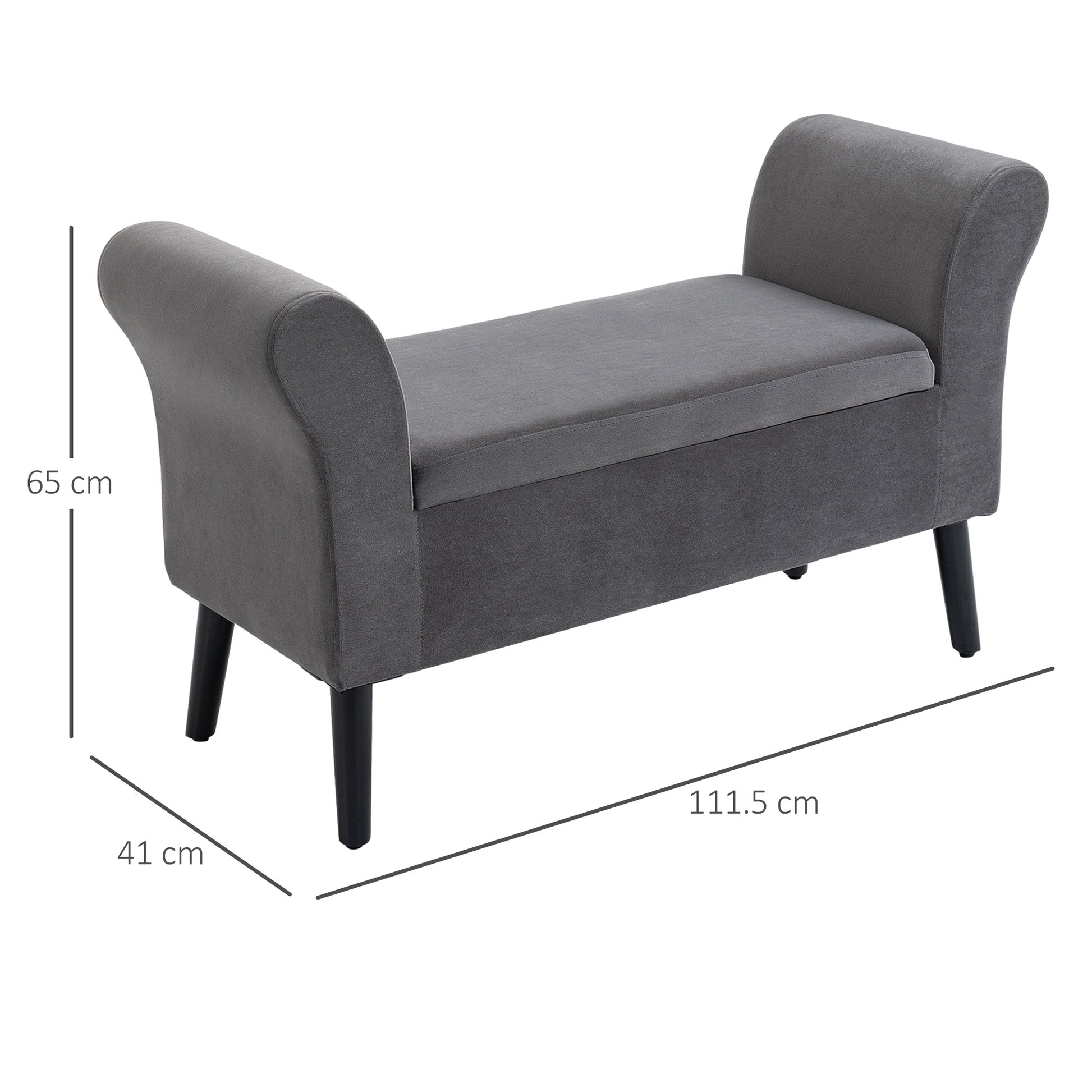 Bedroom Storage Bench with Arms, Entryway Bench in Velvet Effect Fabric and Rubberwood, End of Bed Bench, 111.5x41x65 cm, Gray