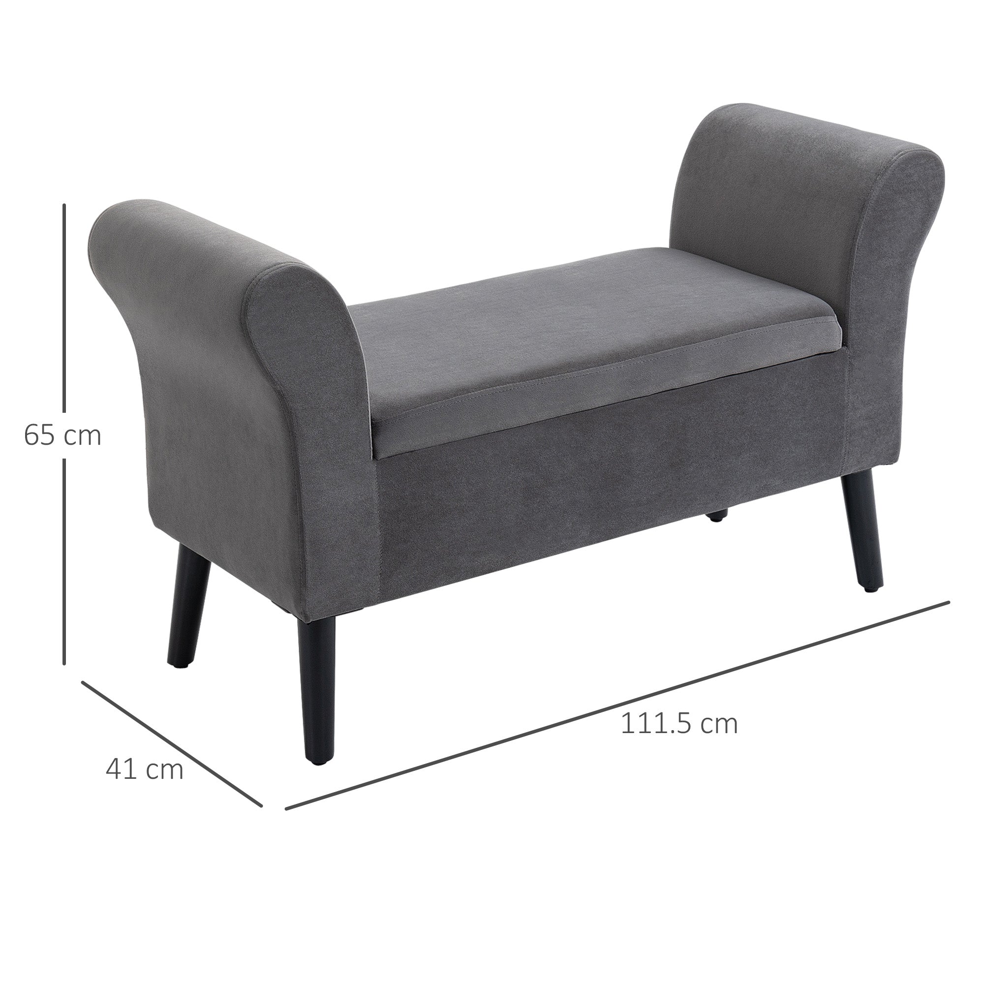 Bedroom Storage Bench with Arms, Entryway Bench in Velvet Effect Fabric and Rubberwood, End of Bed Bench, 111.5x41x65 cm, Gray