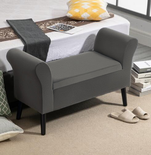Bedroom Storage Bench with Arms, Entryway Bench in Velvet Effect Fabric and Rubberwood, End of Bed Bench, 111.5x41x65 cm, Gray