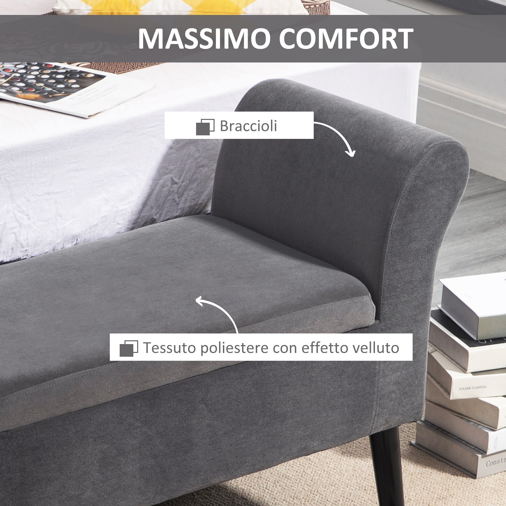 Bedroom Storage Bench with Arms, Entryway Bench in Velvet Effect Fabric and Rubberwood, End of Bed Bench, 111.5x41x65 cm, Gray